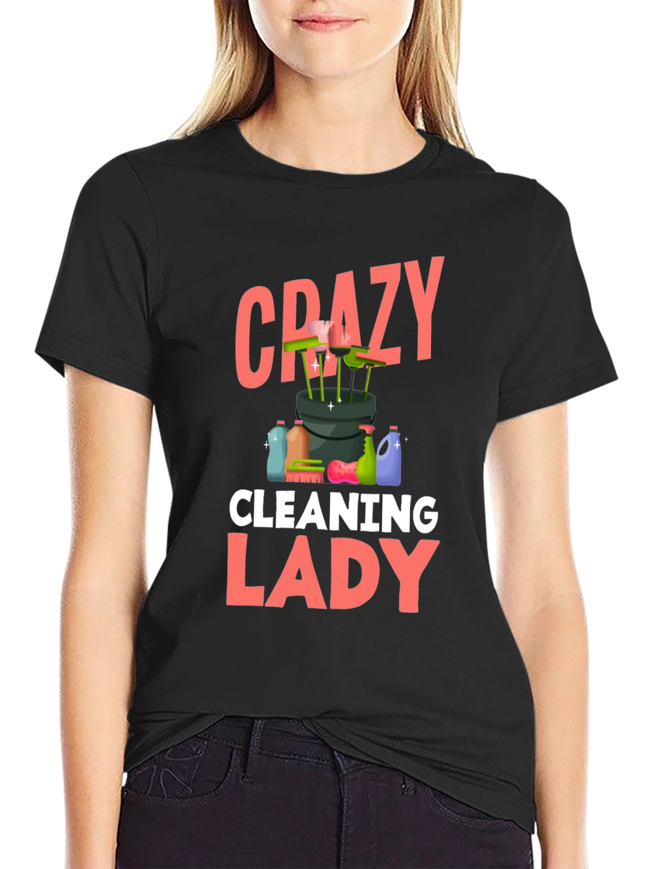 Black Crazy Cleaning Lady T-Shirt - Black Cotton view 2