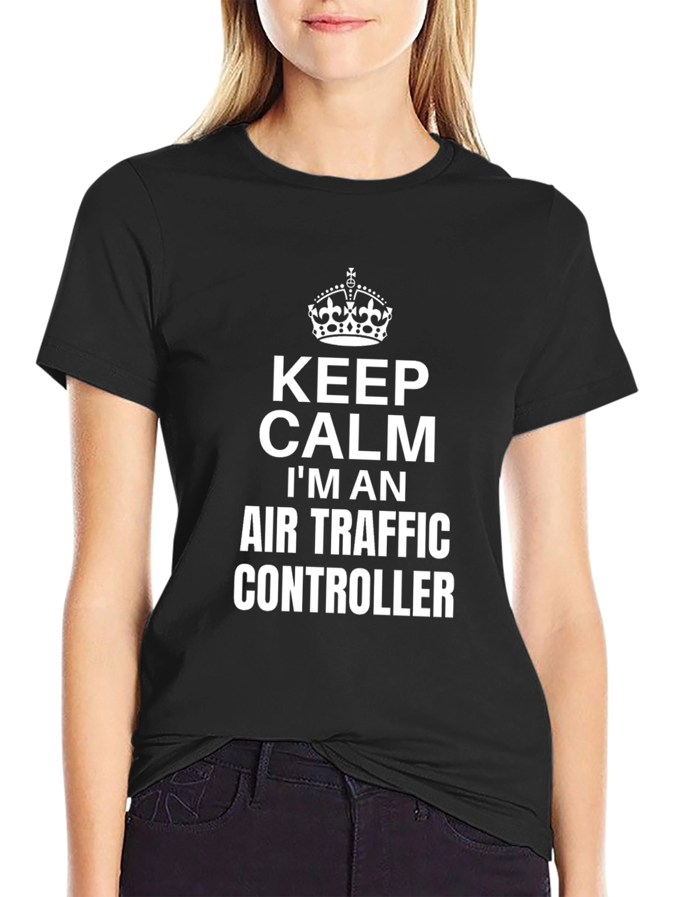 Black Keep Calm Air Traffic Controller Black T-Shirt view 2