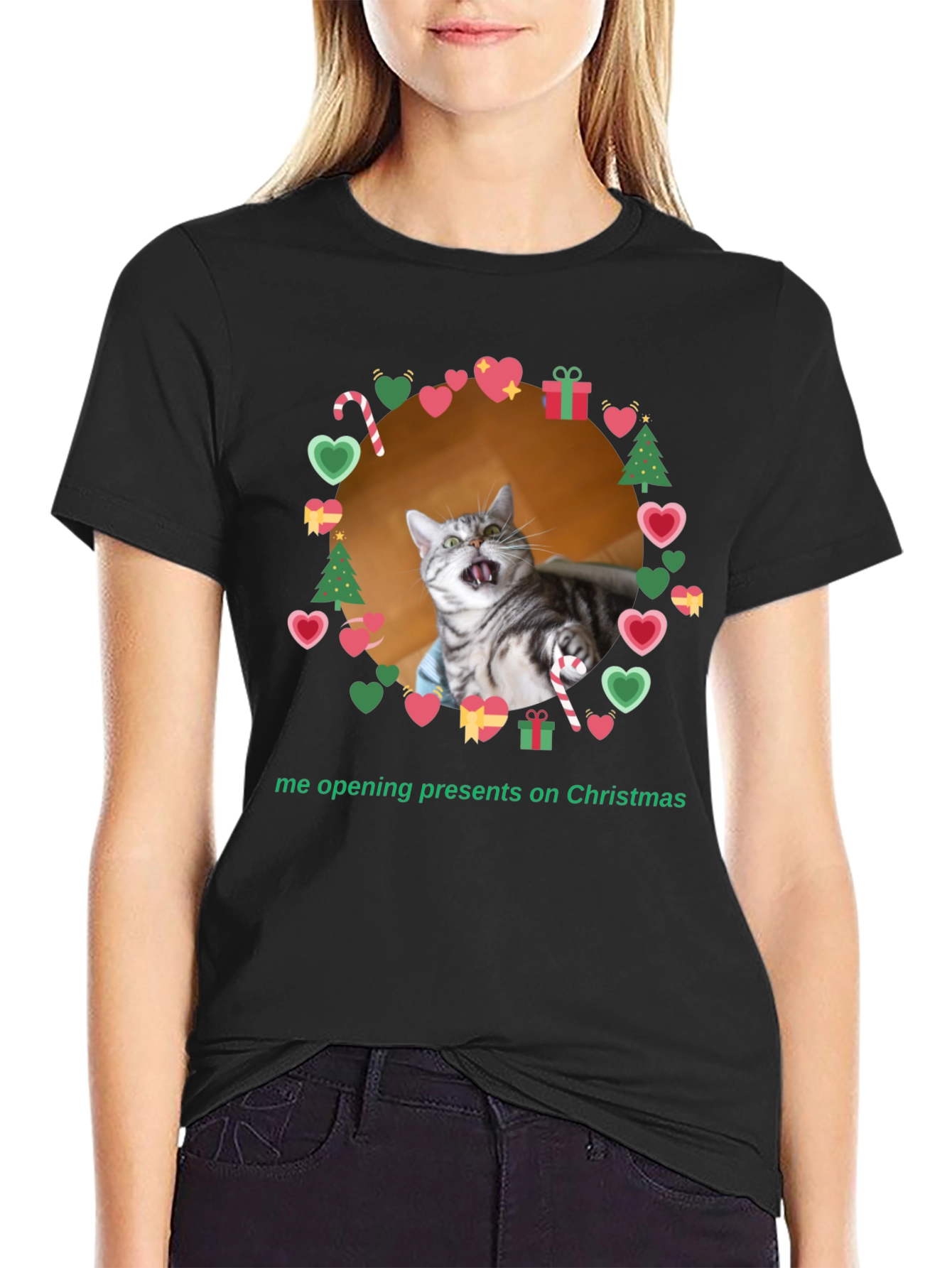 Black Funny Cat Christmas T-Shirt  view 2