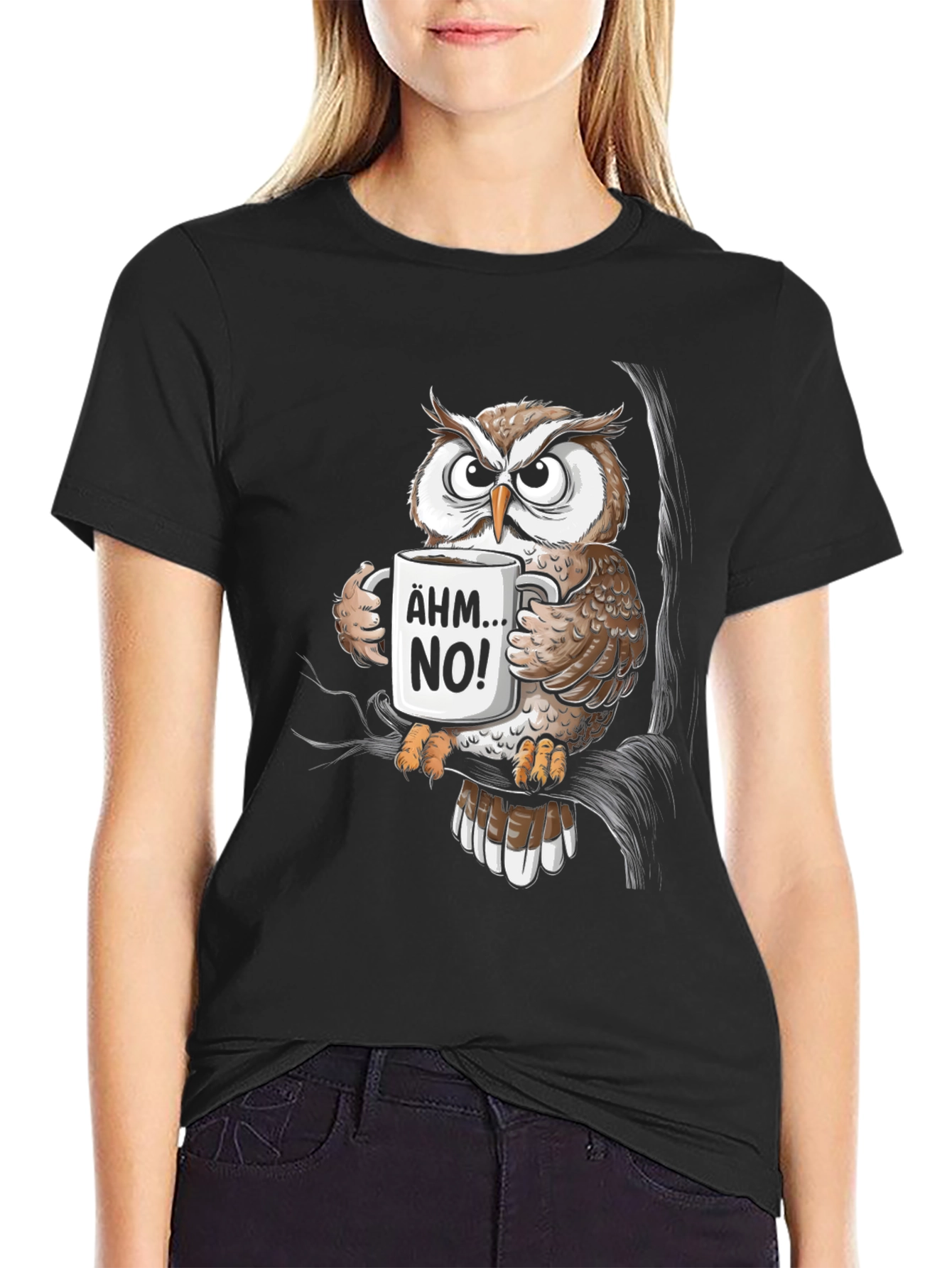 Black Funny Owl Coffee T-Shirt - Ähm No! Graphic Tee view 2