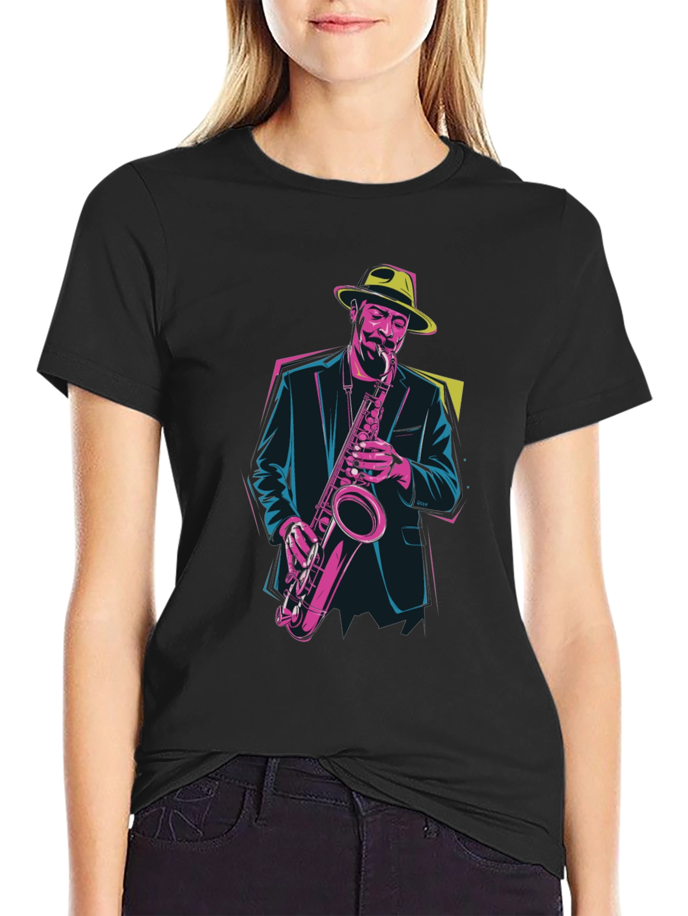Black Jazz Saxophone Player Graphic Tee view 2