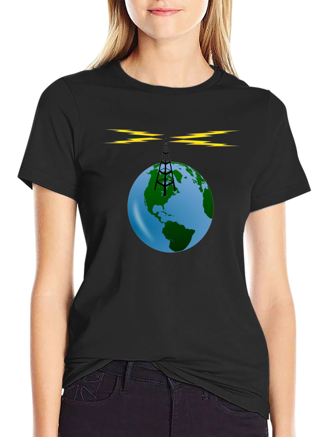 Black Global Radio Tower T-Shirt - Earth Broadcast Design view 2