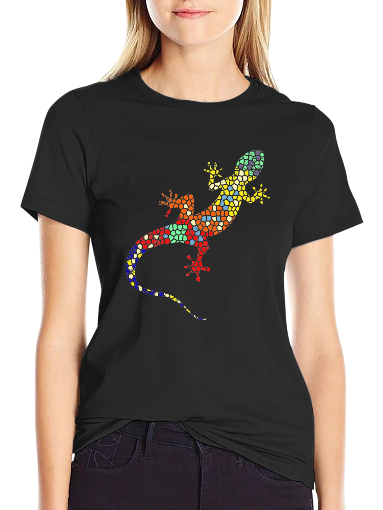 Black Mosaic Lizard Graphic Tee - Stylish Black T-Shirt view 2