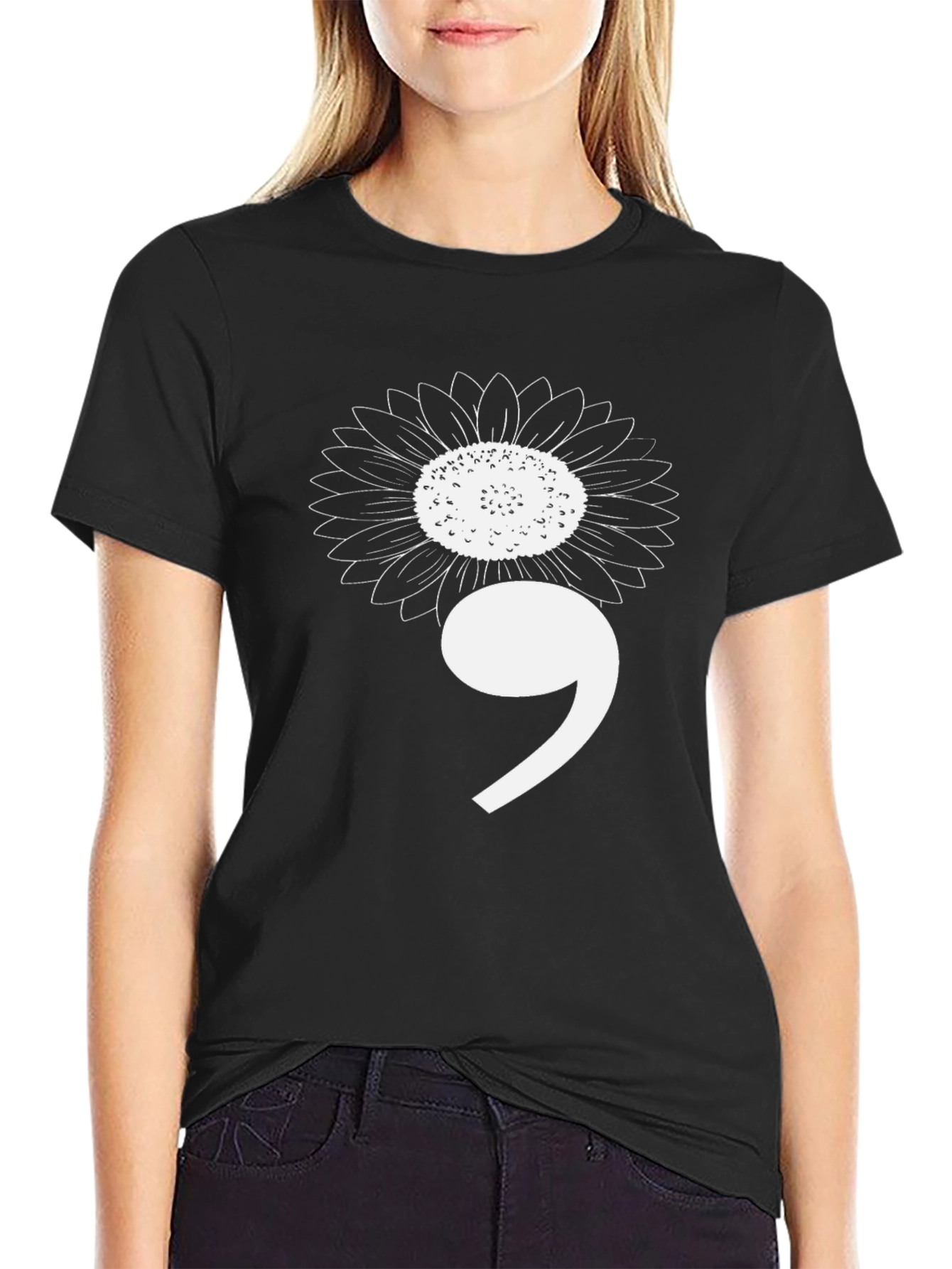 Black Semicolon Sunflower Graphic Tee - Mental Health Awareness view 2