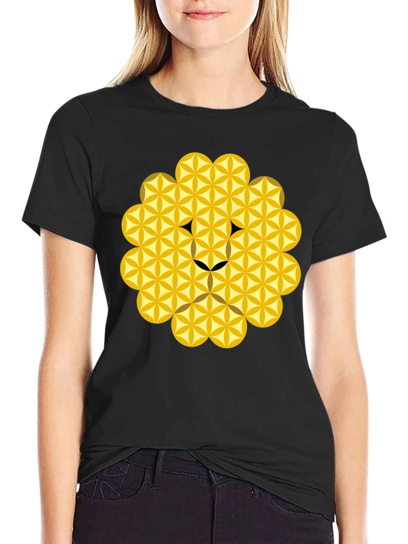 Black Geometric Flower of Life Lion Head Black T-Shirt view 2