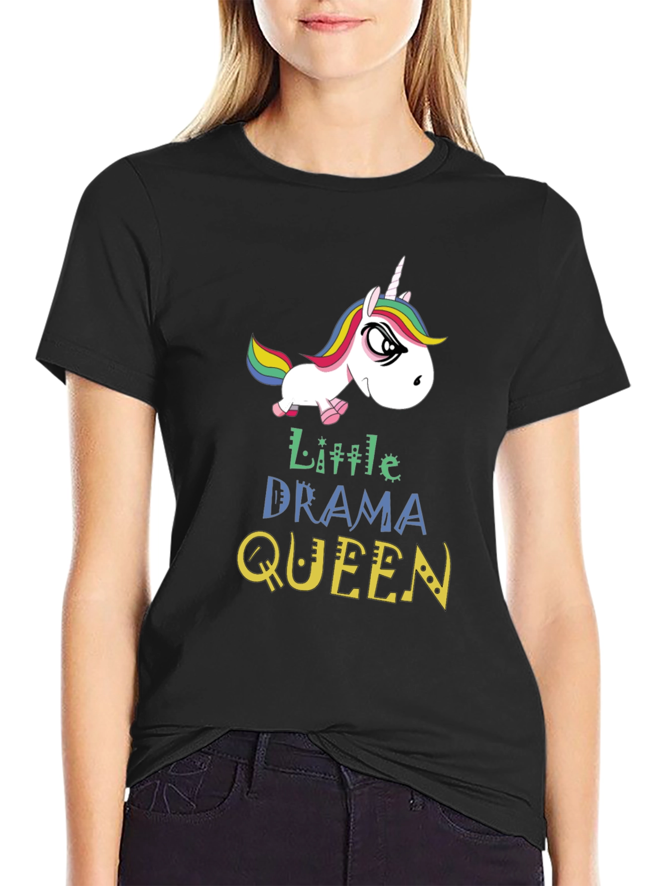 Black Little Drama Queen Unicorn Graphic T-Shirt view 2