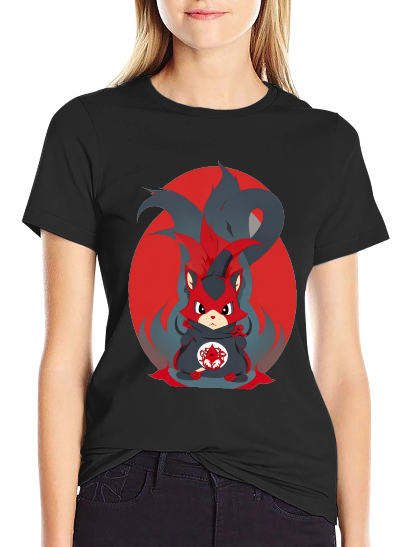 Black Anime Red Fox Graphic Tee - Men's Black T-Shirt view 2