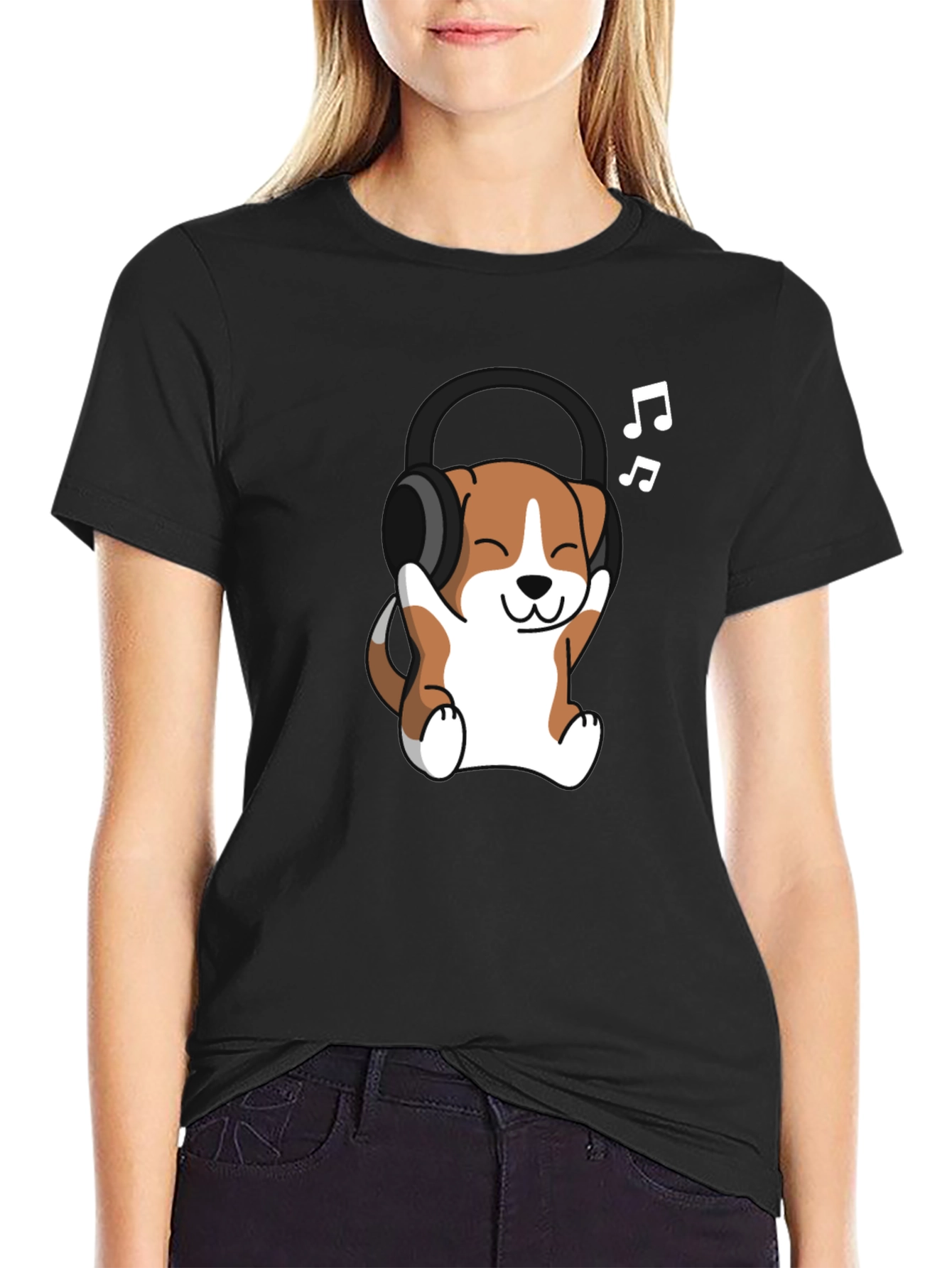 Black Cute Dog with Headphones Black T-Shirt view 2