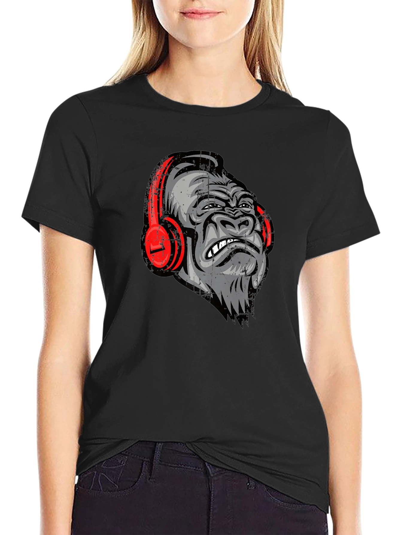 Black Cool Gorilla with Headphones Graphic Tee view 2