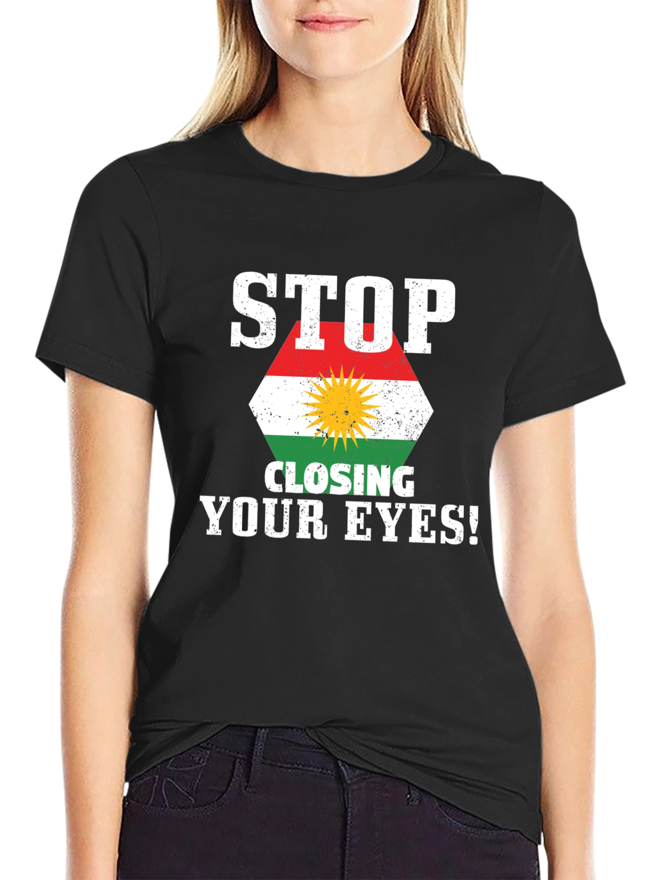 Black Stop Closing Your Eyes Kurdistan Flag T-Shirt view 2