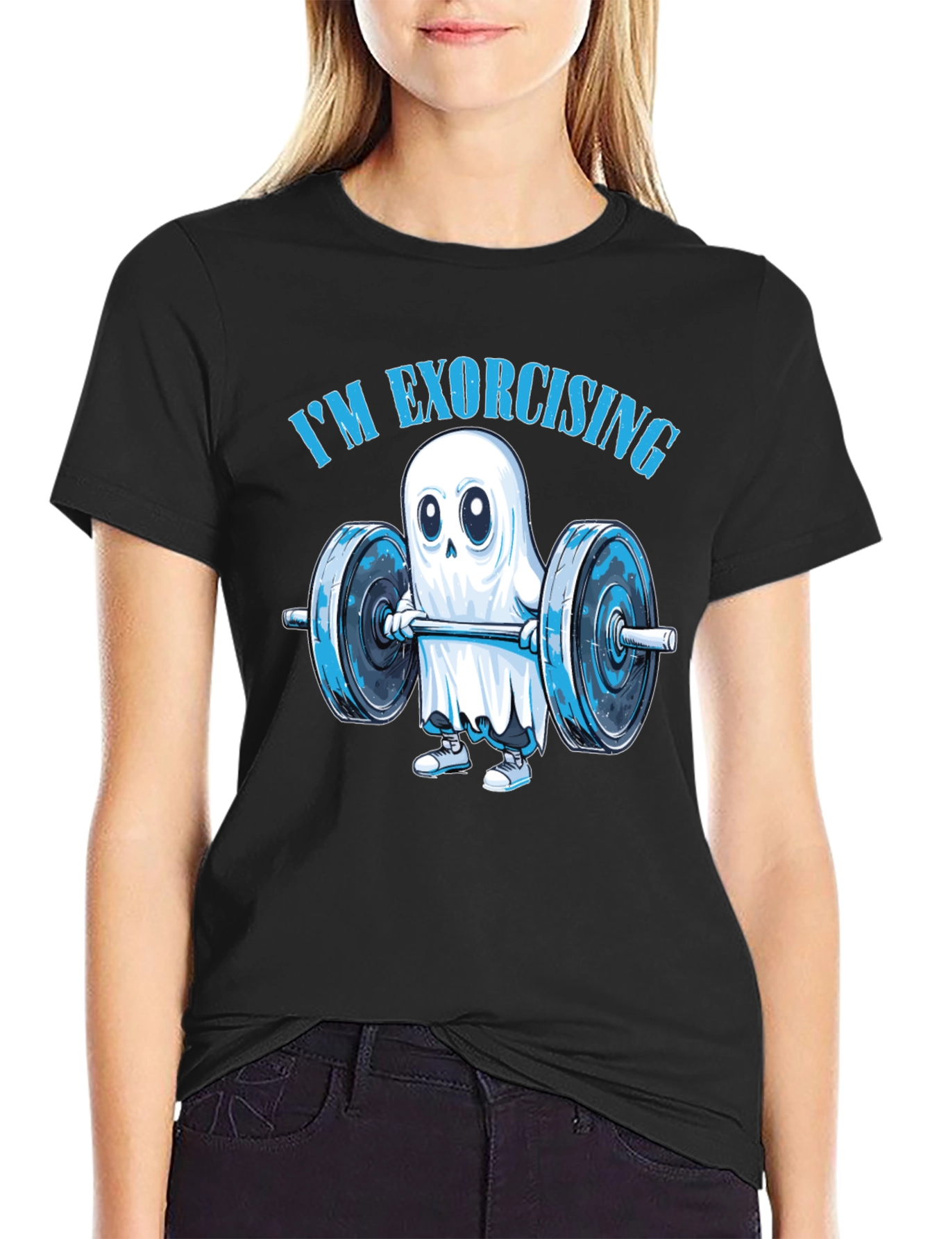 Black Funny Ghost Weightlifting T-Shirt: "I'm Exorcising!" view 2