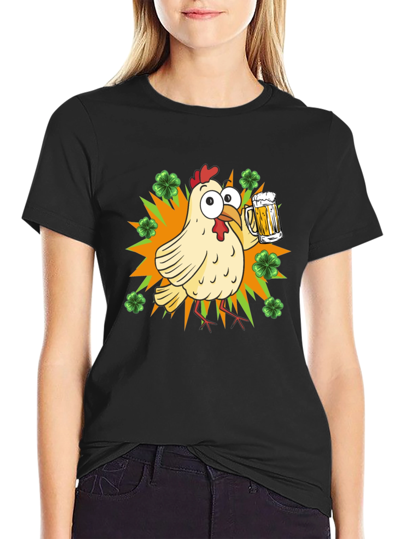 Black St. Patrick's Day Chicken with Beer T-Shirt view 2