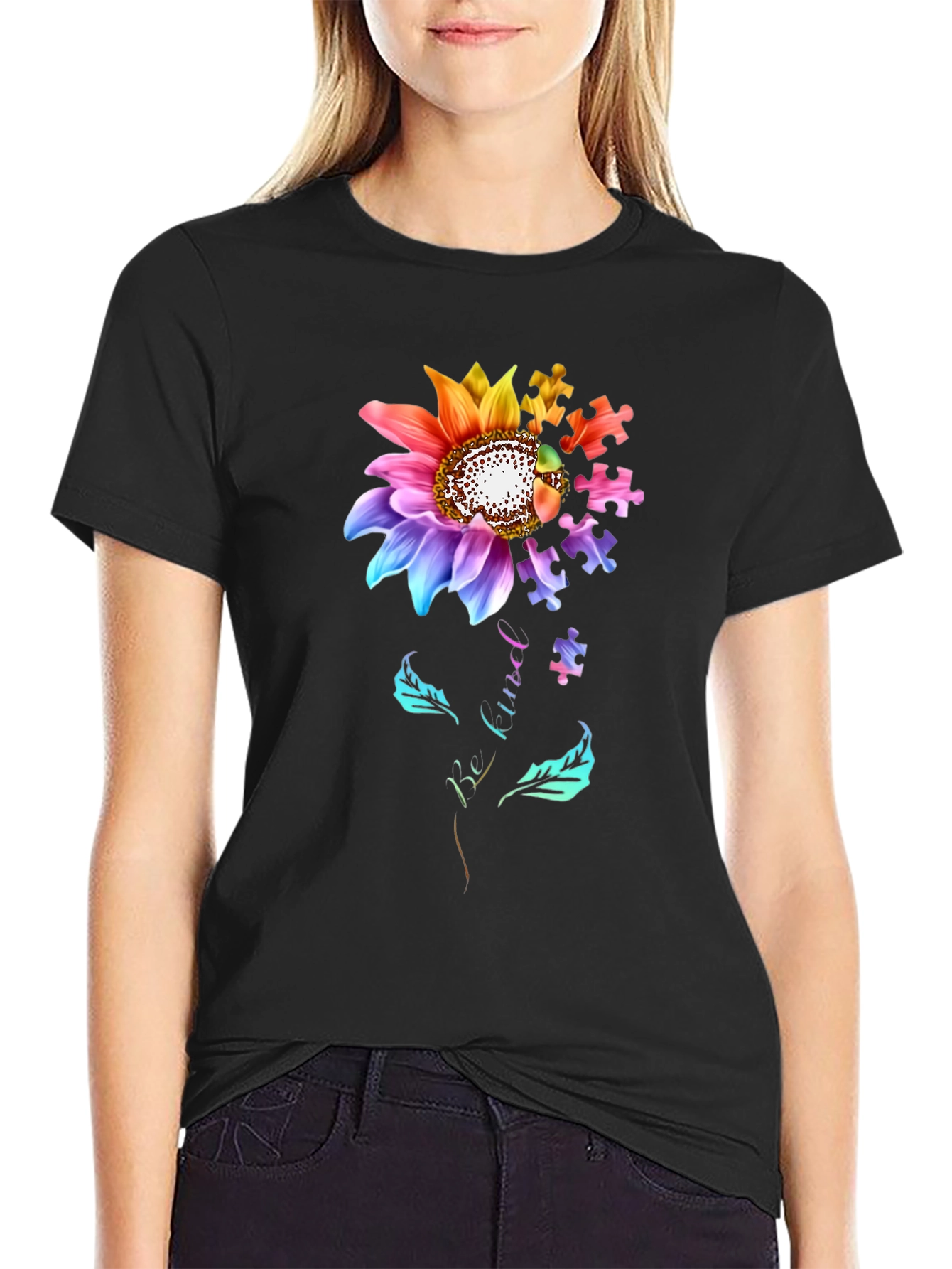 Black Autism Awareness Sunflower Puzzle Piece T-Shirt view 2