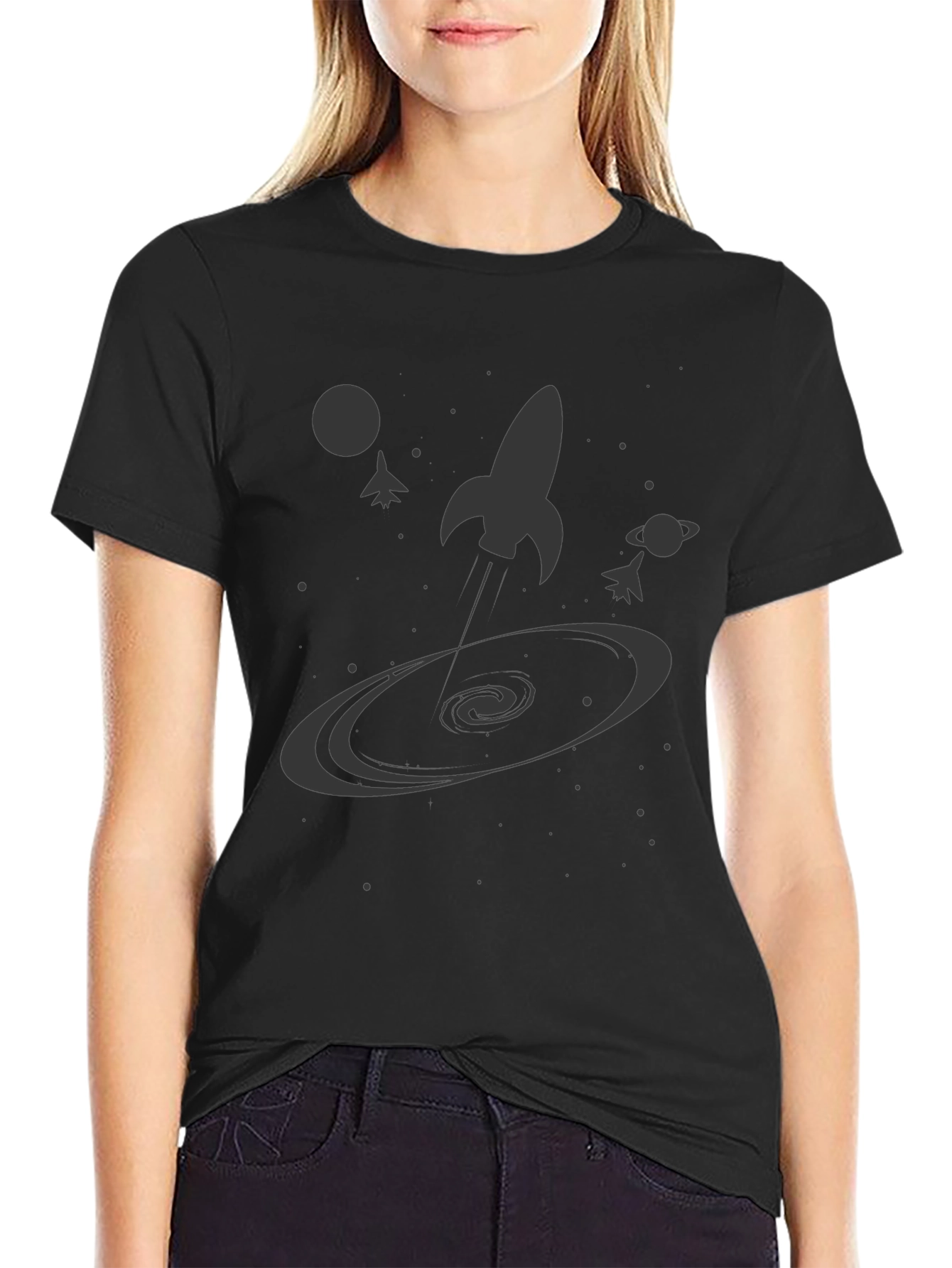Black Space Rocket Galaxy Graphic Tee - Black Cotton Casual Shirt view 2