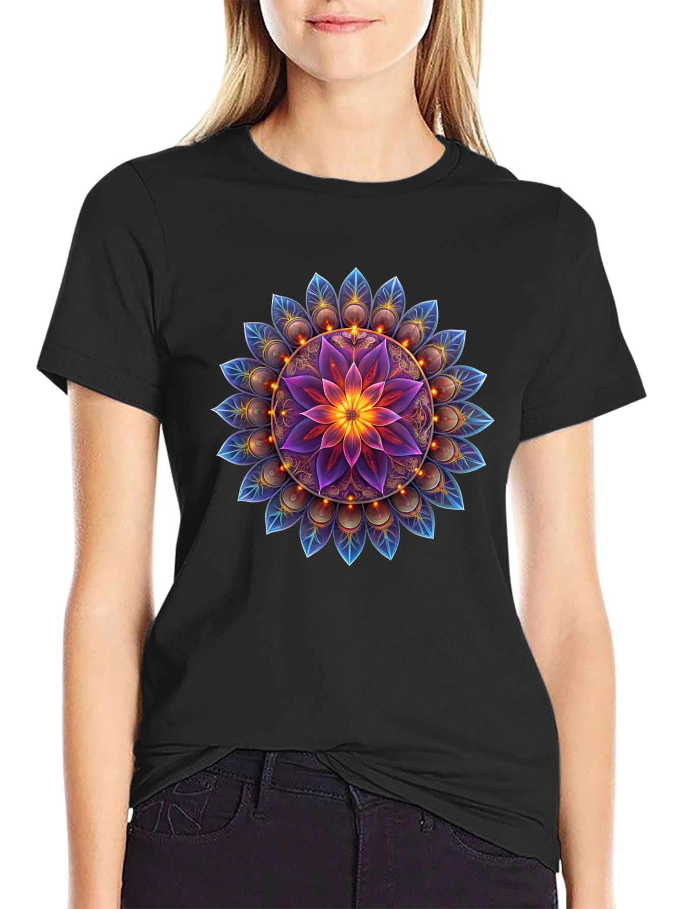 Black Floral Mandala Graphic Tee - Black Cotton Blend view 2