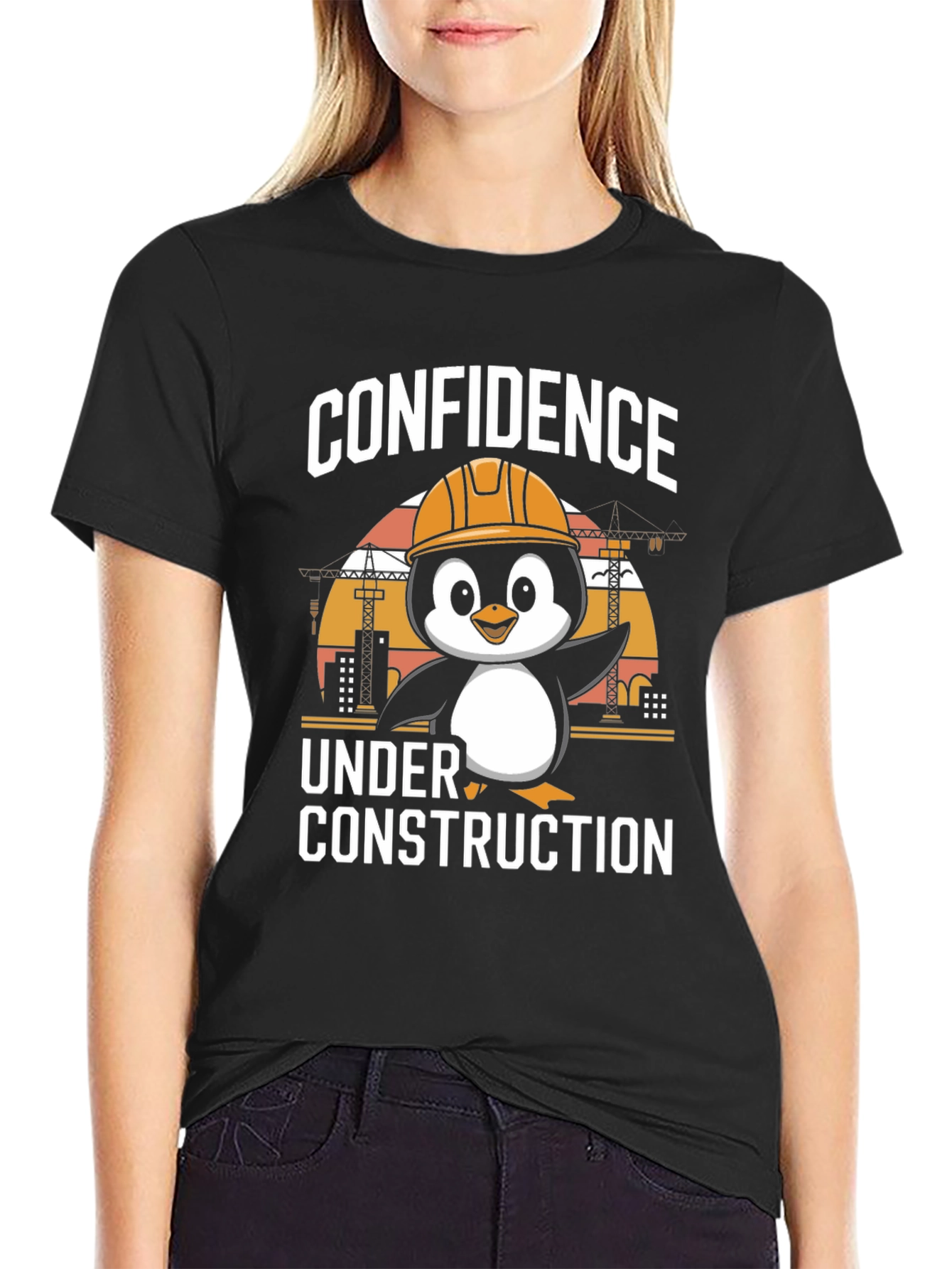 Black Confidence Under Construction Penguin T-Shirt view 2