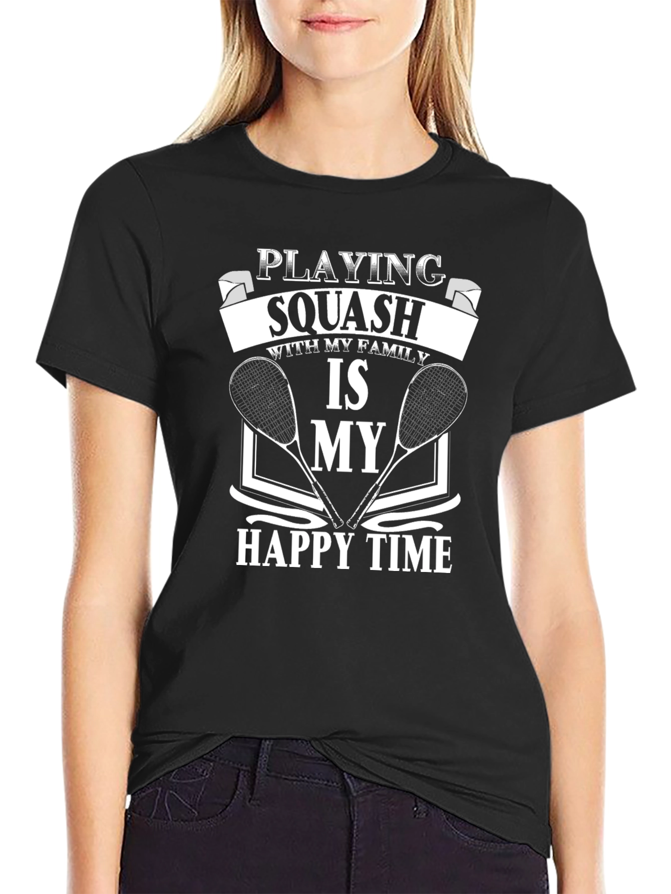 Black Squash Lover T-Shirt - Playing Squash is My Happy Time view 2