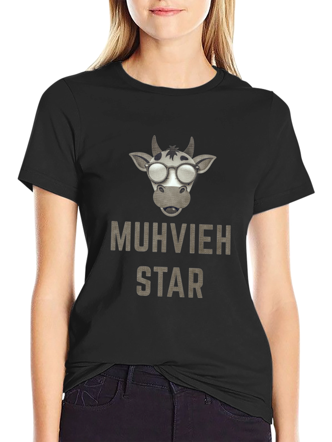 Black Muhvieh Star Cow T-Shirt - Black Cotton Tee view 2