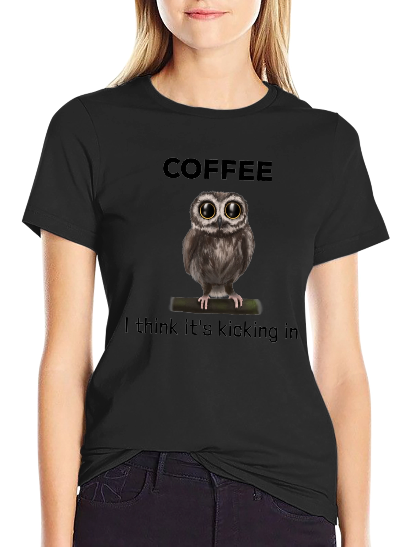 Black Coffee Owl Graphic T-Shirt - I Think It's Kicking In view 2
