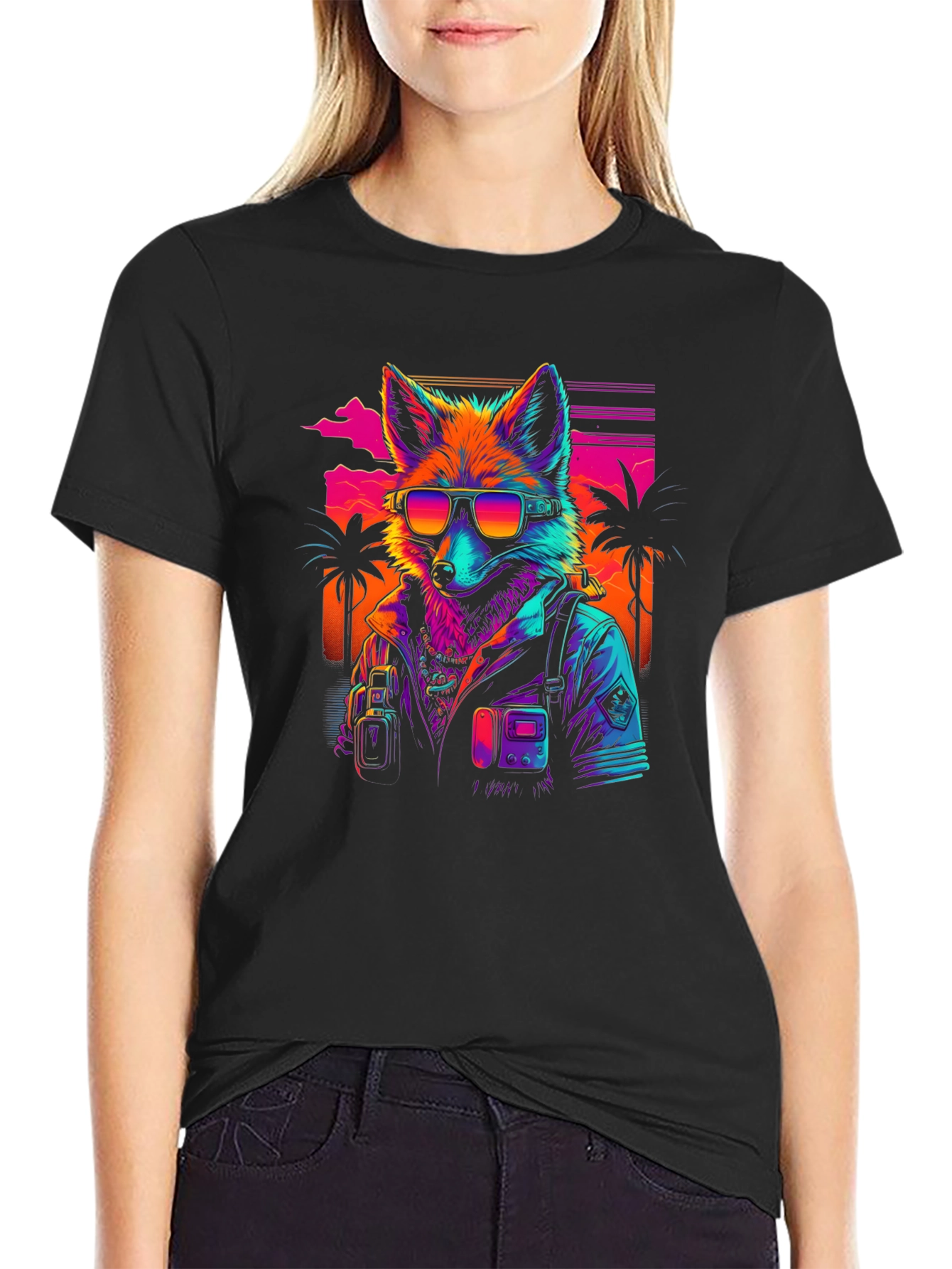Black Retro Fox T-Shirt - Synthwave Style view 2