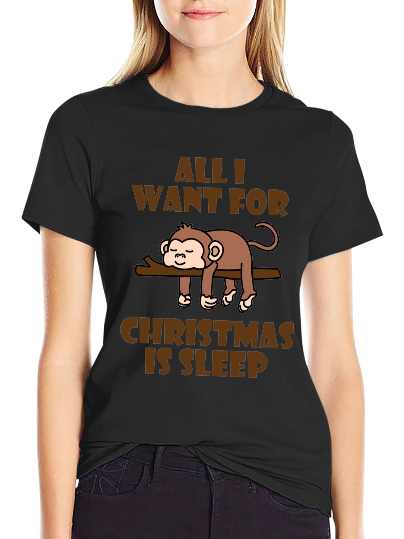 Black Funny Monkey Christmas Sleep T-Shirt view 2