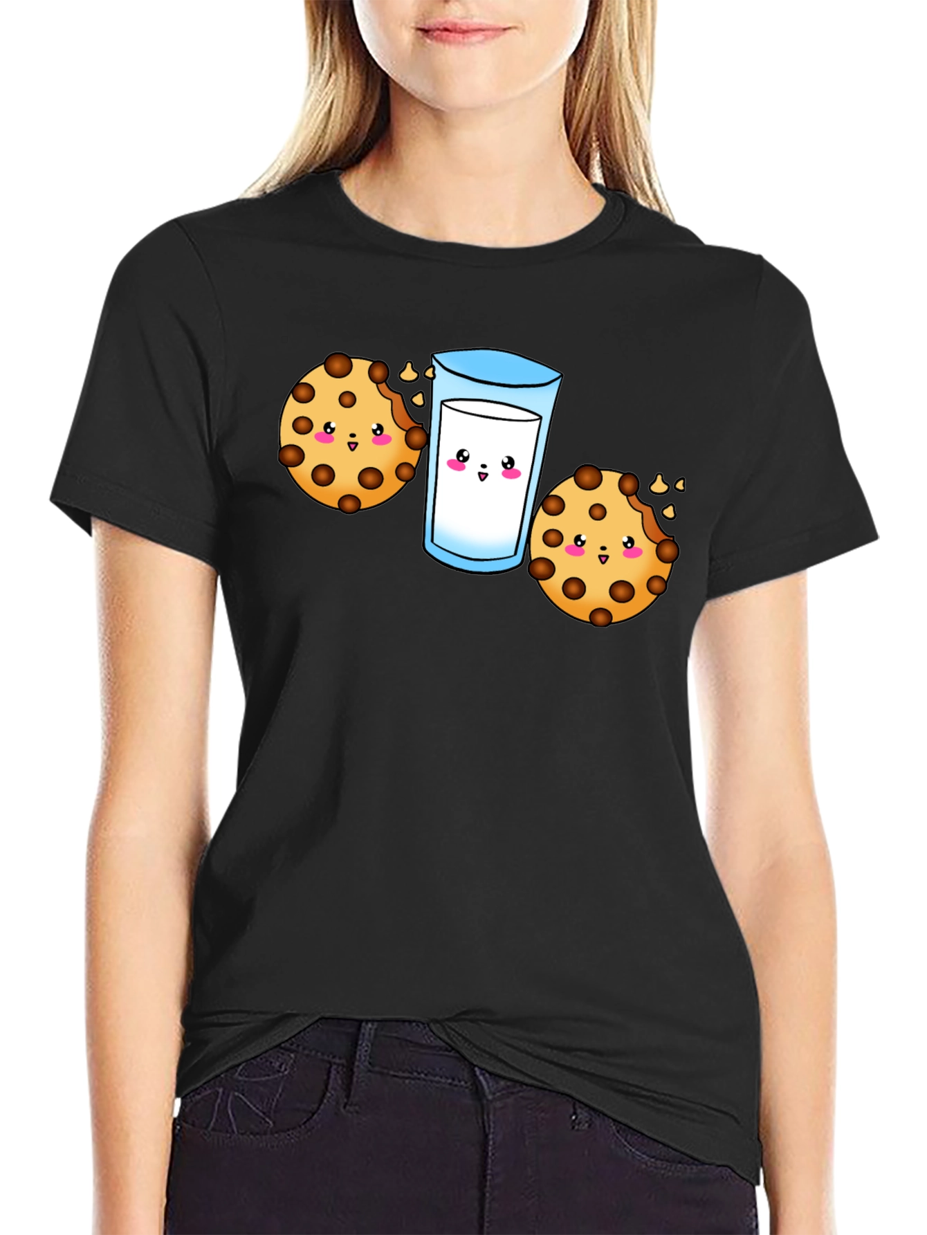 Black Cute Cookie & Milk Graphic Black T-Shirt view 2