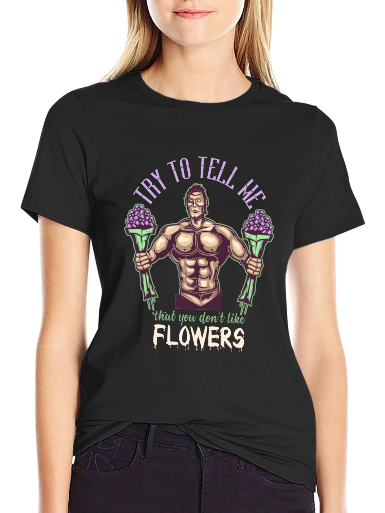 Black Funny Graphic T-Shirt - Buff Guy with Flowers view 2