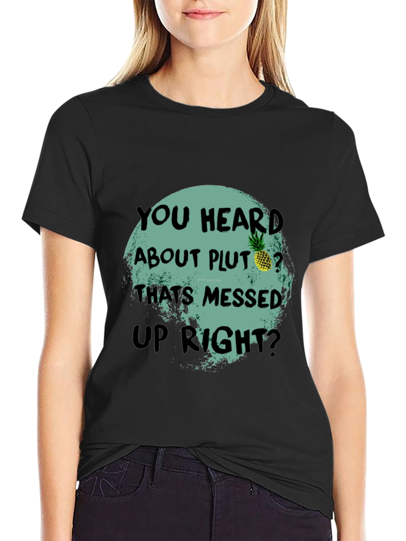 Black Funny Pluto Pineapple Graphic Tee - Unique Statement T-Shirt view 2