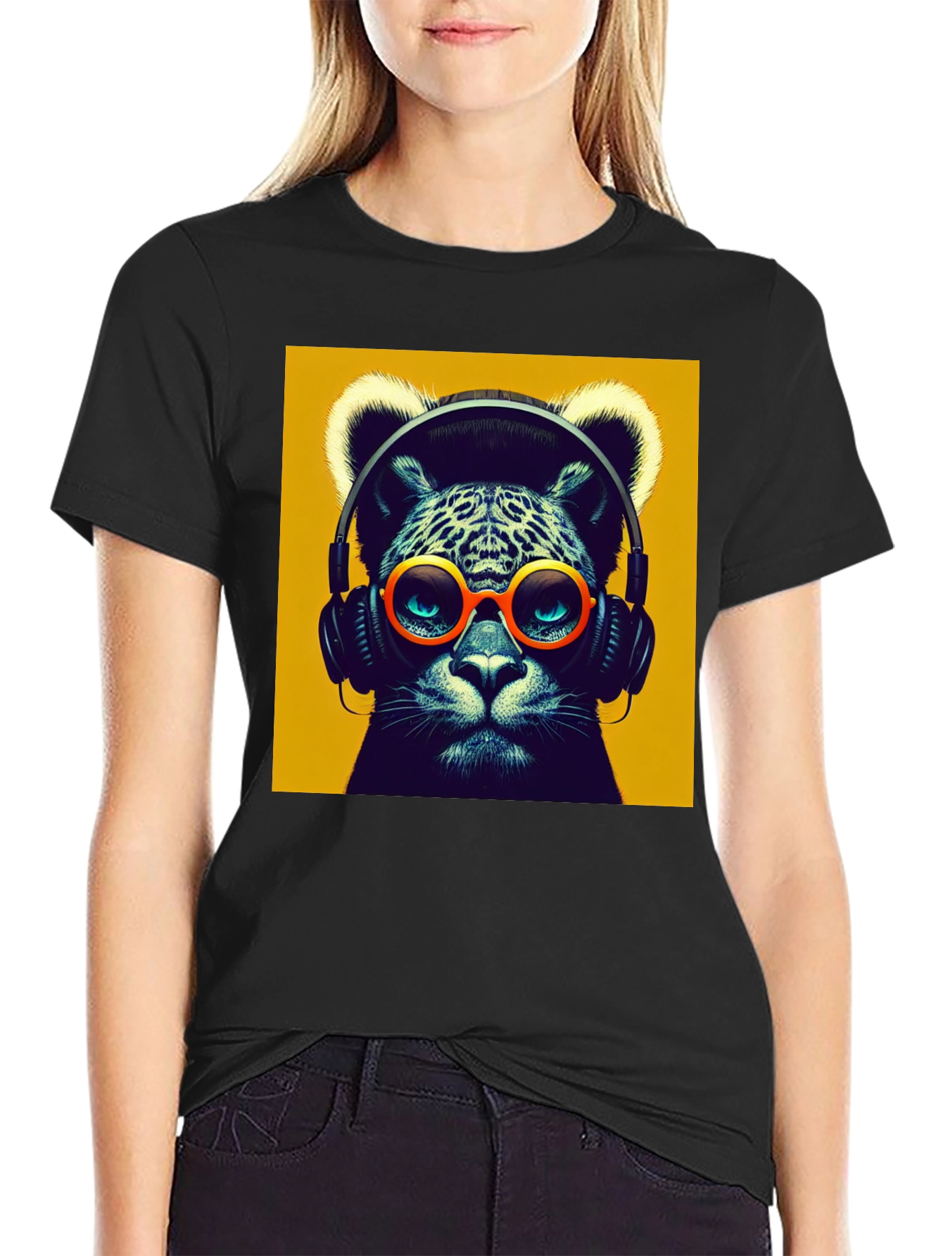 Black Cool Cat Graphic Tee - Music Lover T-Shirt view 2