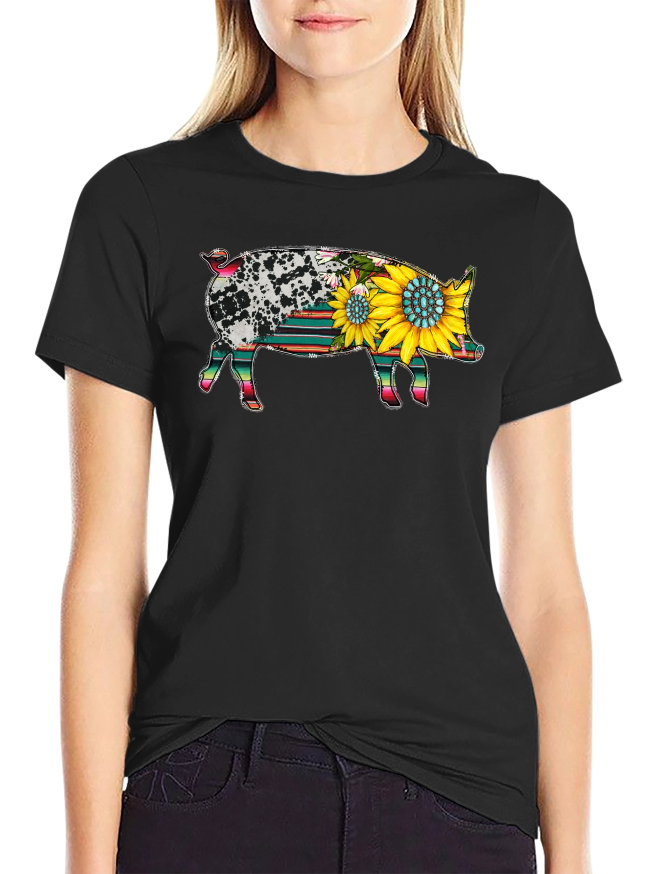 Black Sunflower Pig Graphic Tee view 2