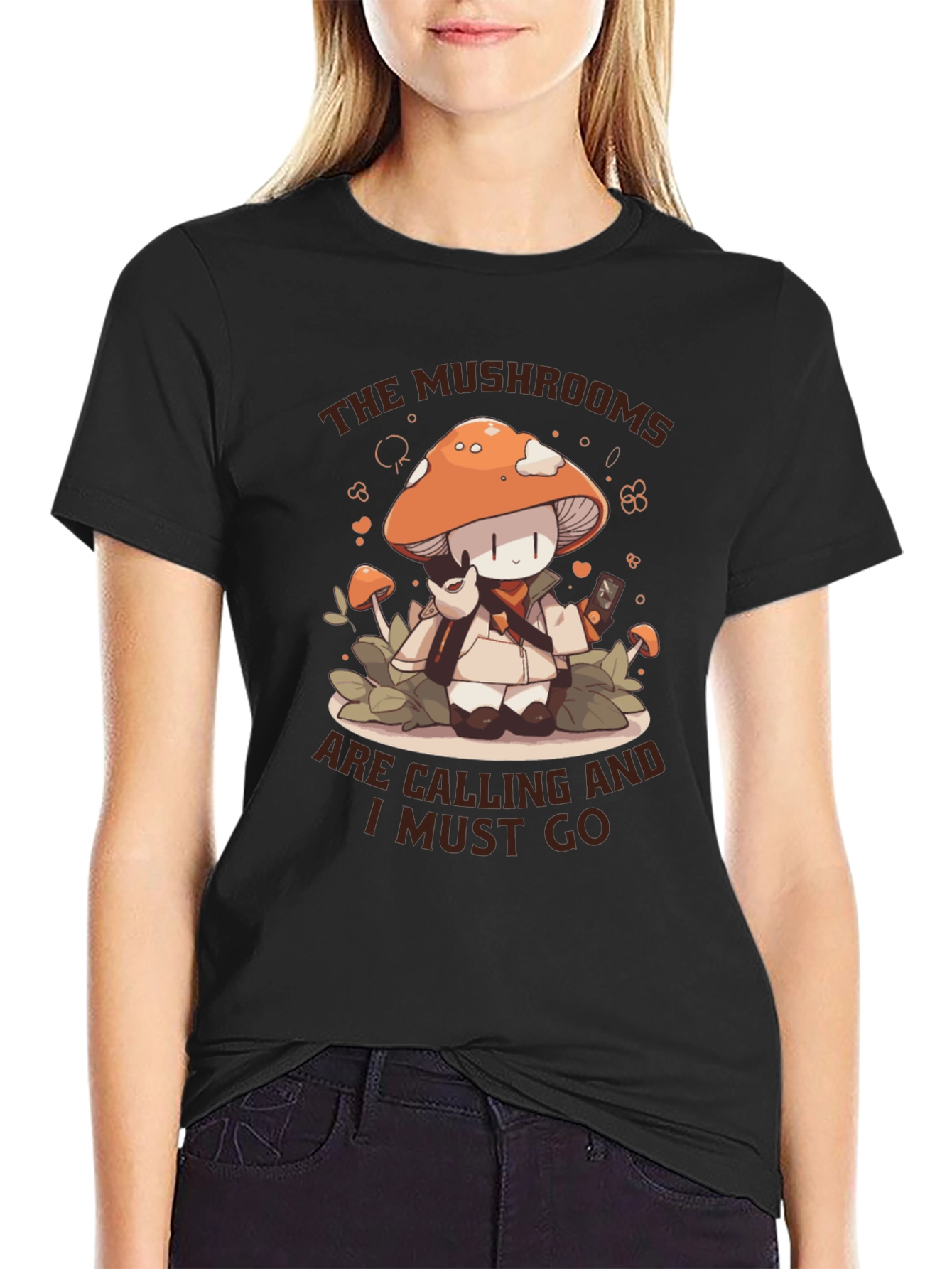 Black Mushroom Calling T-Shirt -  Cute Cartoon Graphic Tee view 2