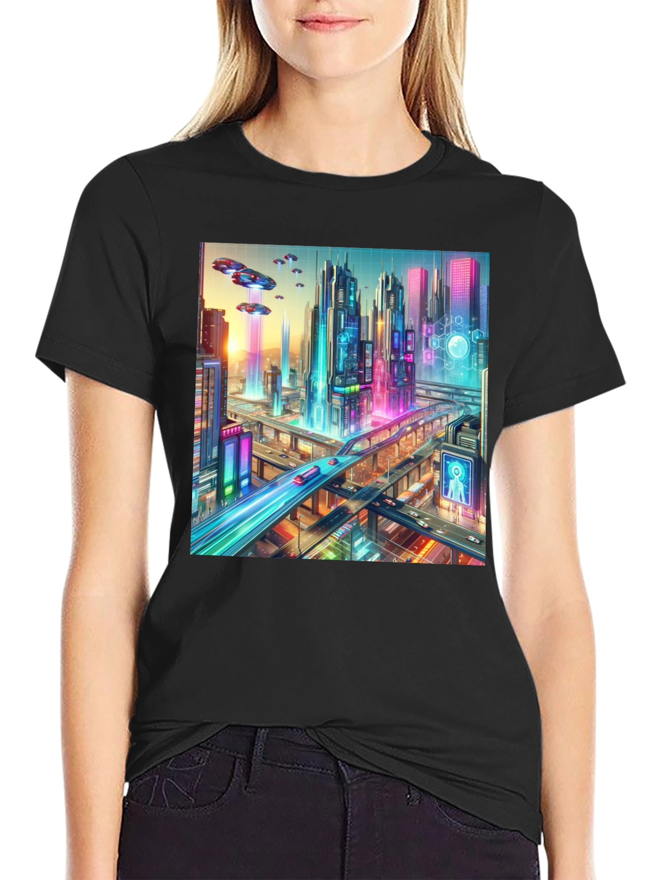 Black Futuristic Cityscape Graphic Tee - Black view 2