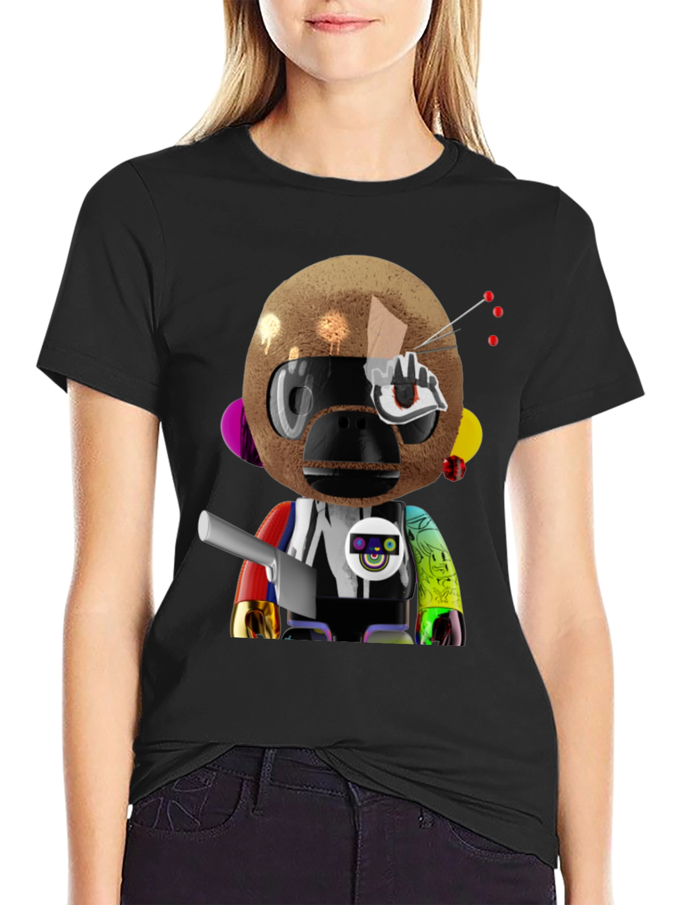 Black Novelty Robot Monkey Graphic T-Shirt view 2