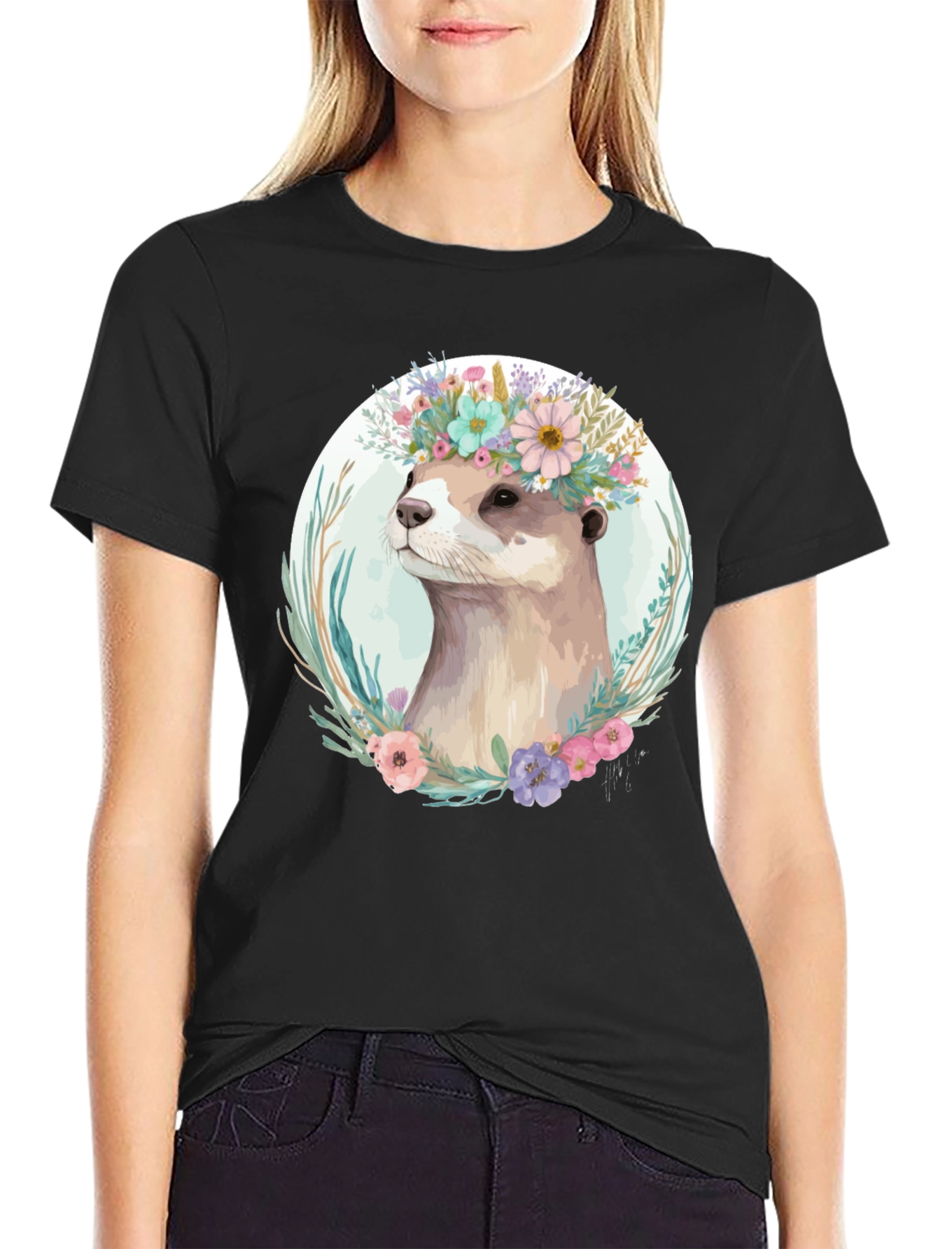 Black Otter Floral Crown T-Shirt - Stylish Animal Tee view 2