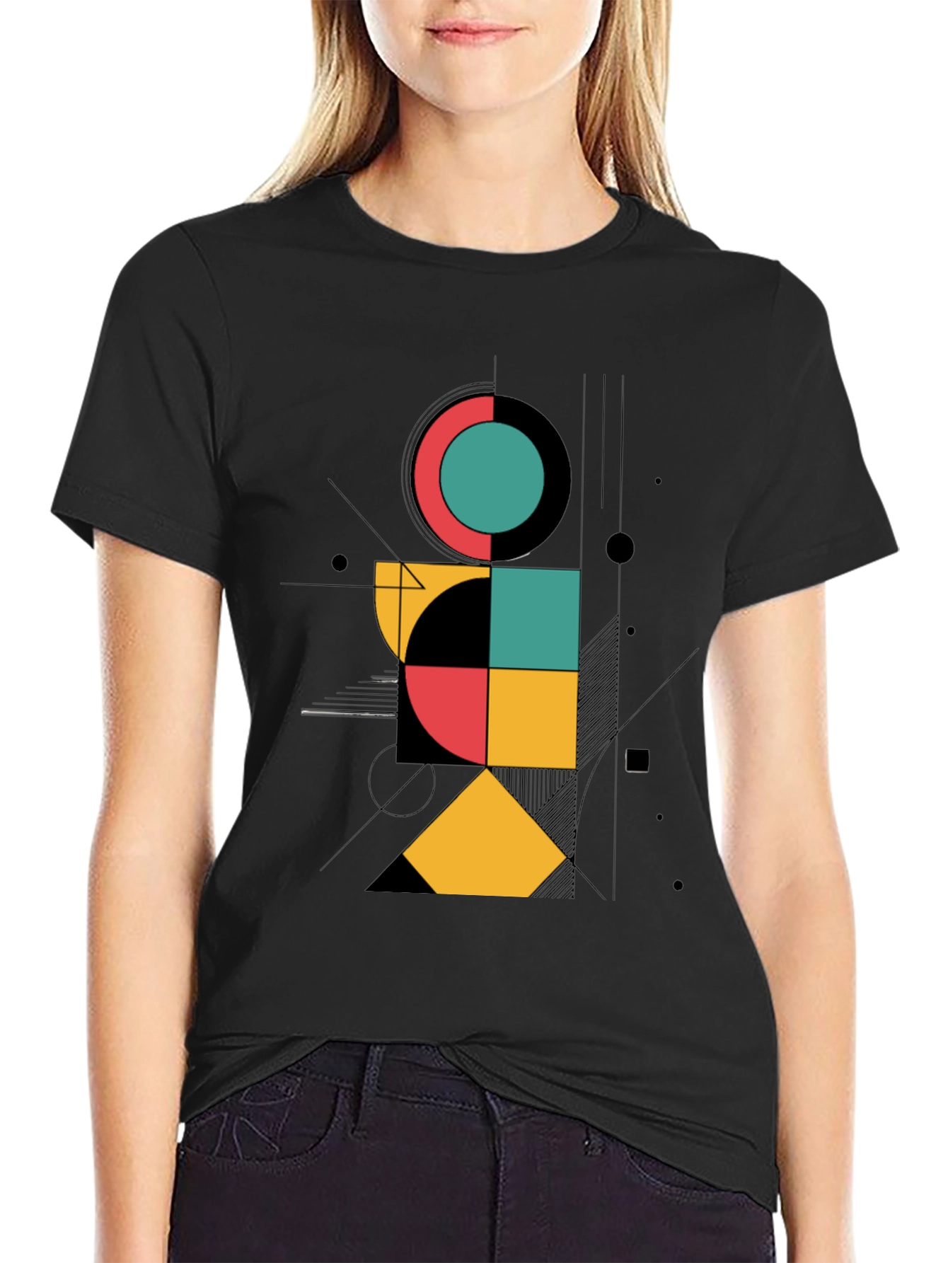 Black Geometric Graphic Print Black T-Shirt view 2