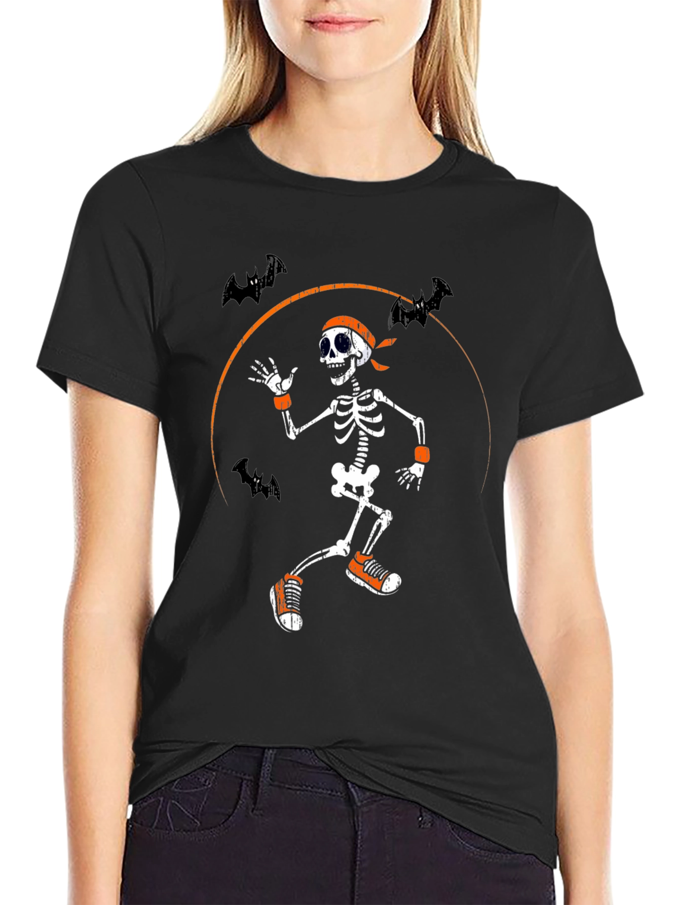 Black Halloween Skeleton Running Bats T-Shirt view 2