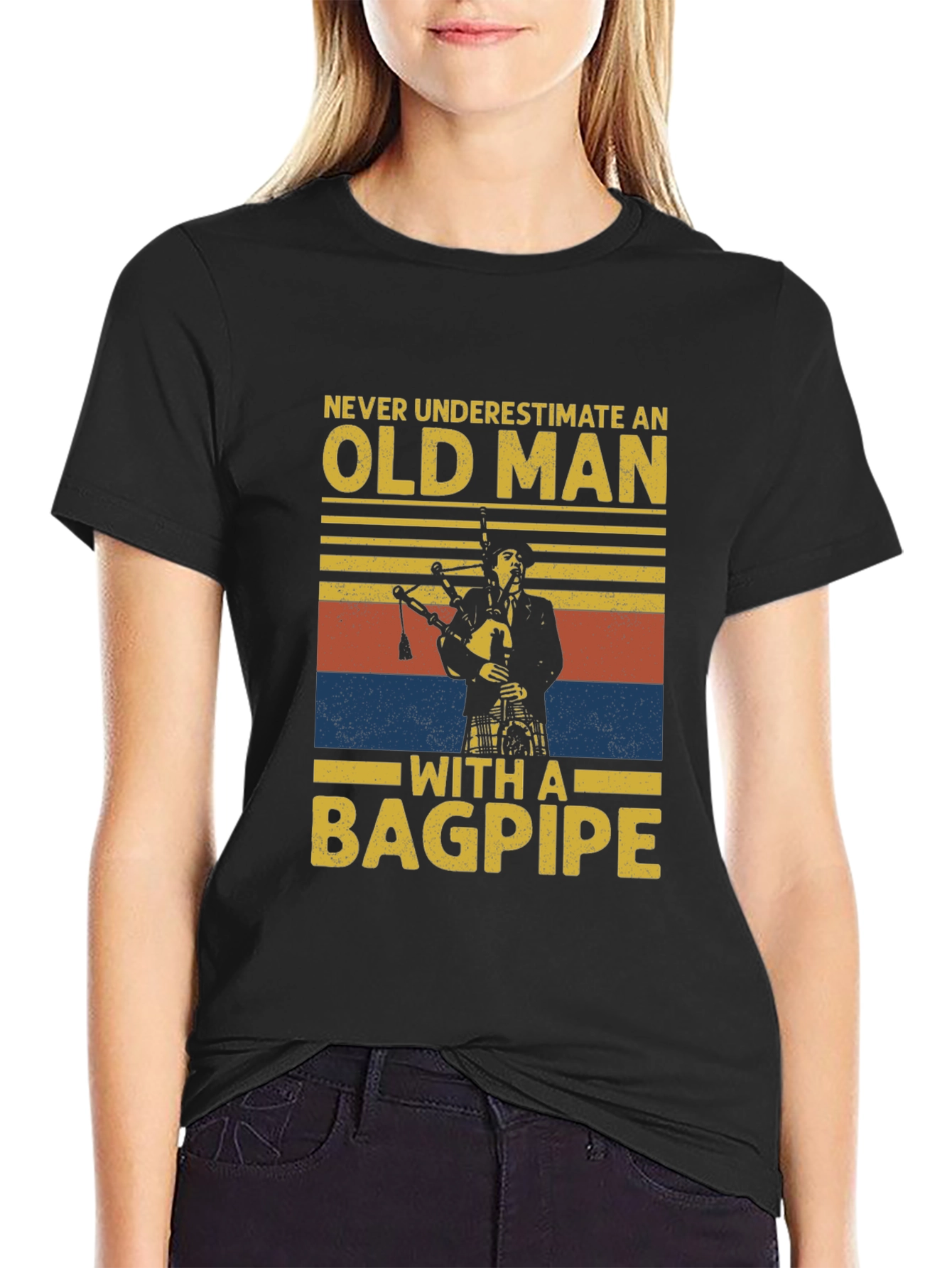 Black Old Man with a Bagpipe T-Shirt - Novelty Graphic Tee view 2