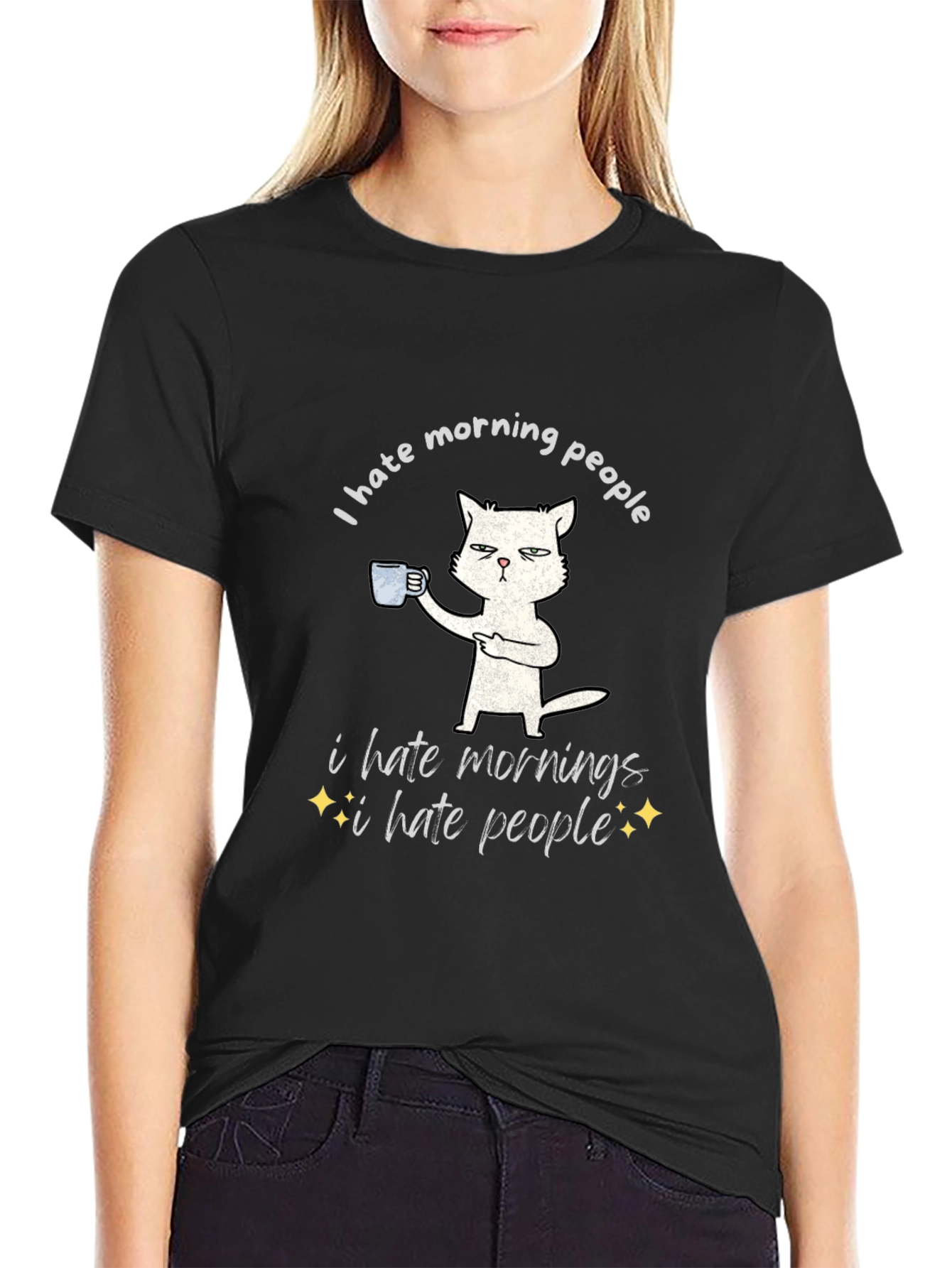 Black I Hate Morning People Cat T-Shirt - Funny Graphic Tee view 2