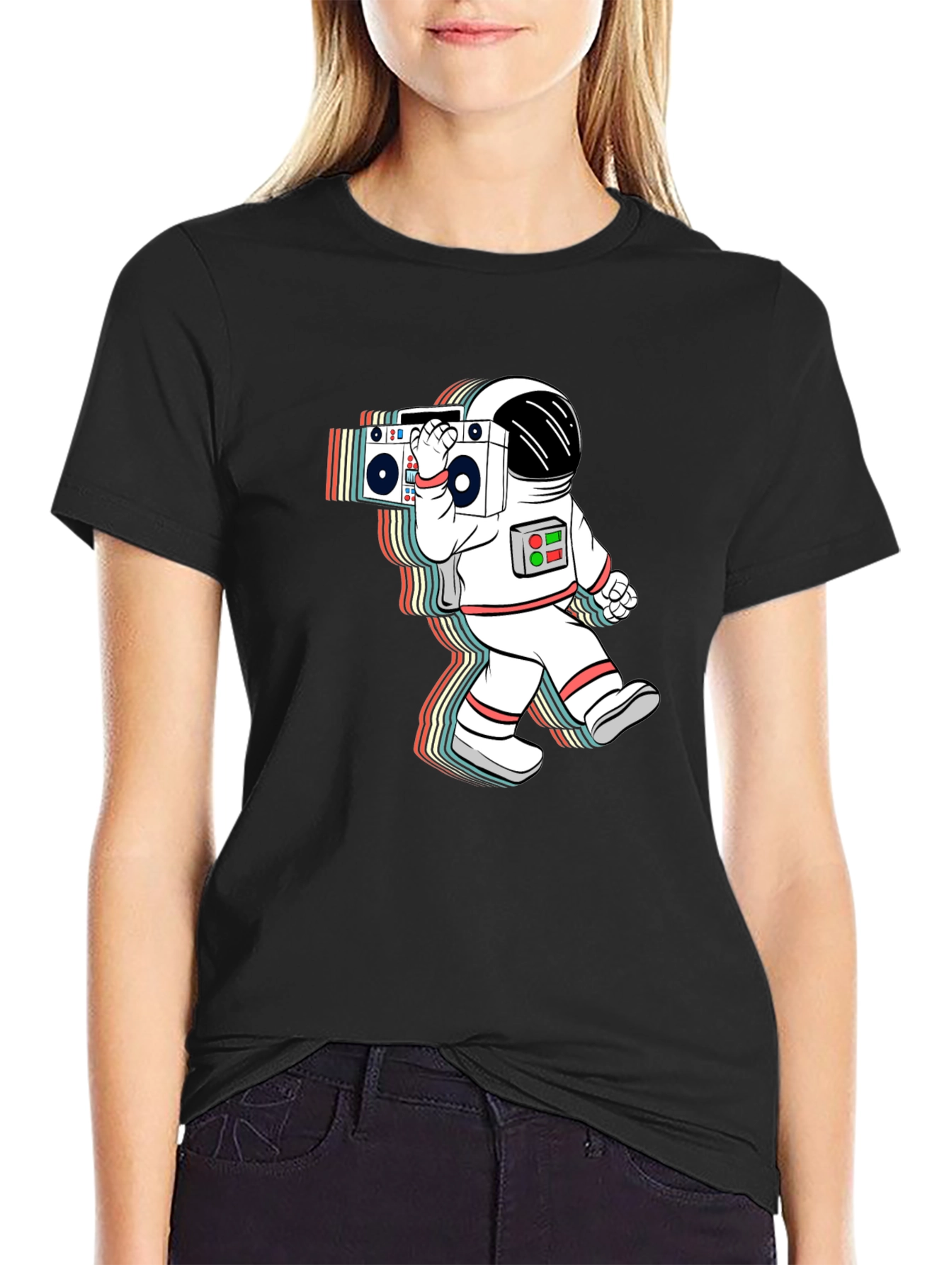 Black Retro Astronaut Boombox Black T-Shirt view 2