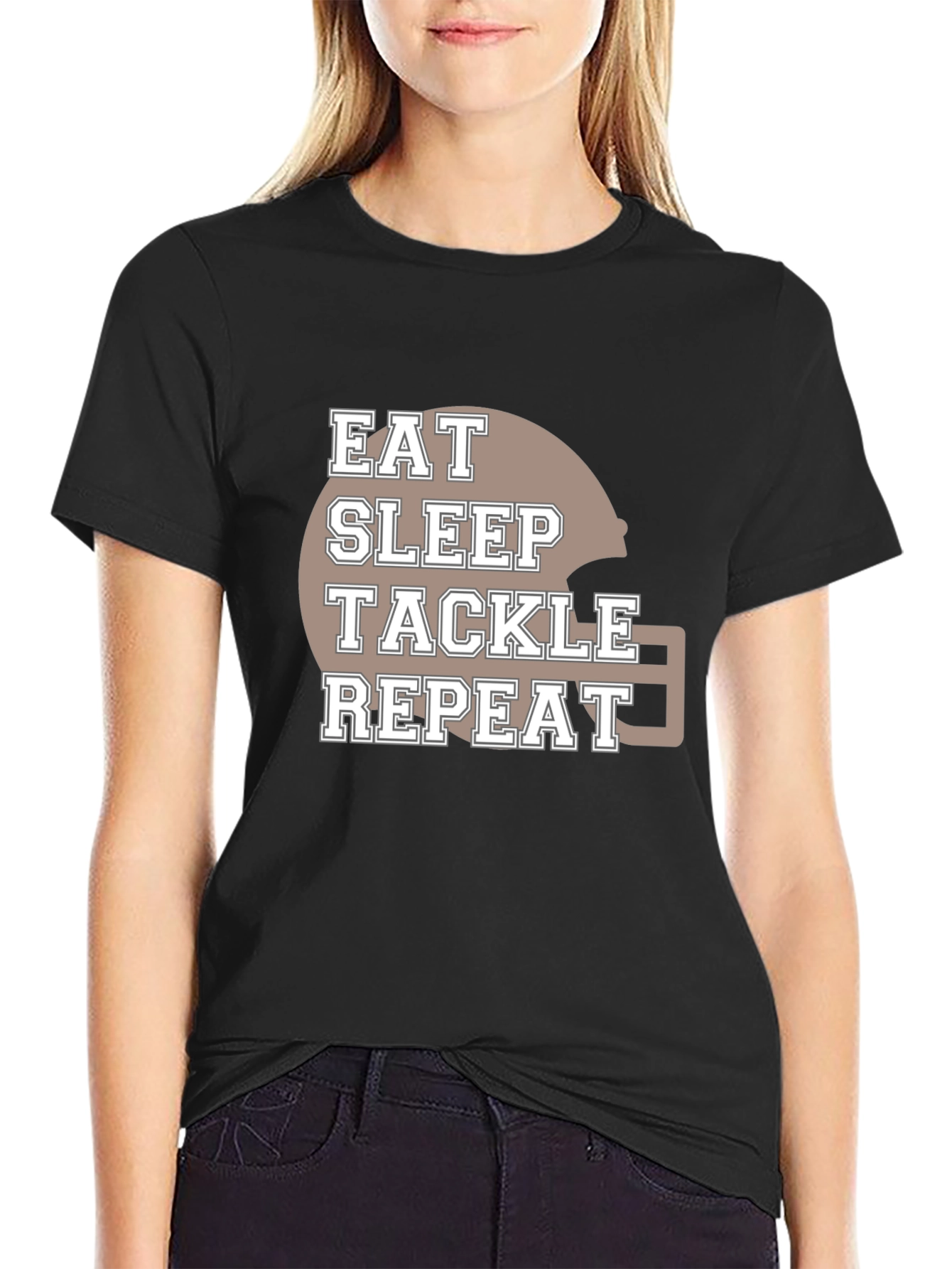 Black Eat Sleep Tackle Repeat Football T-Shirt view 2
