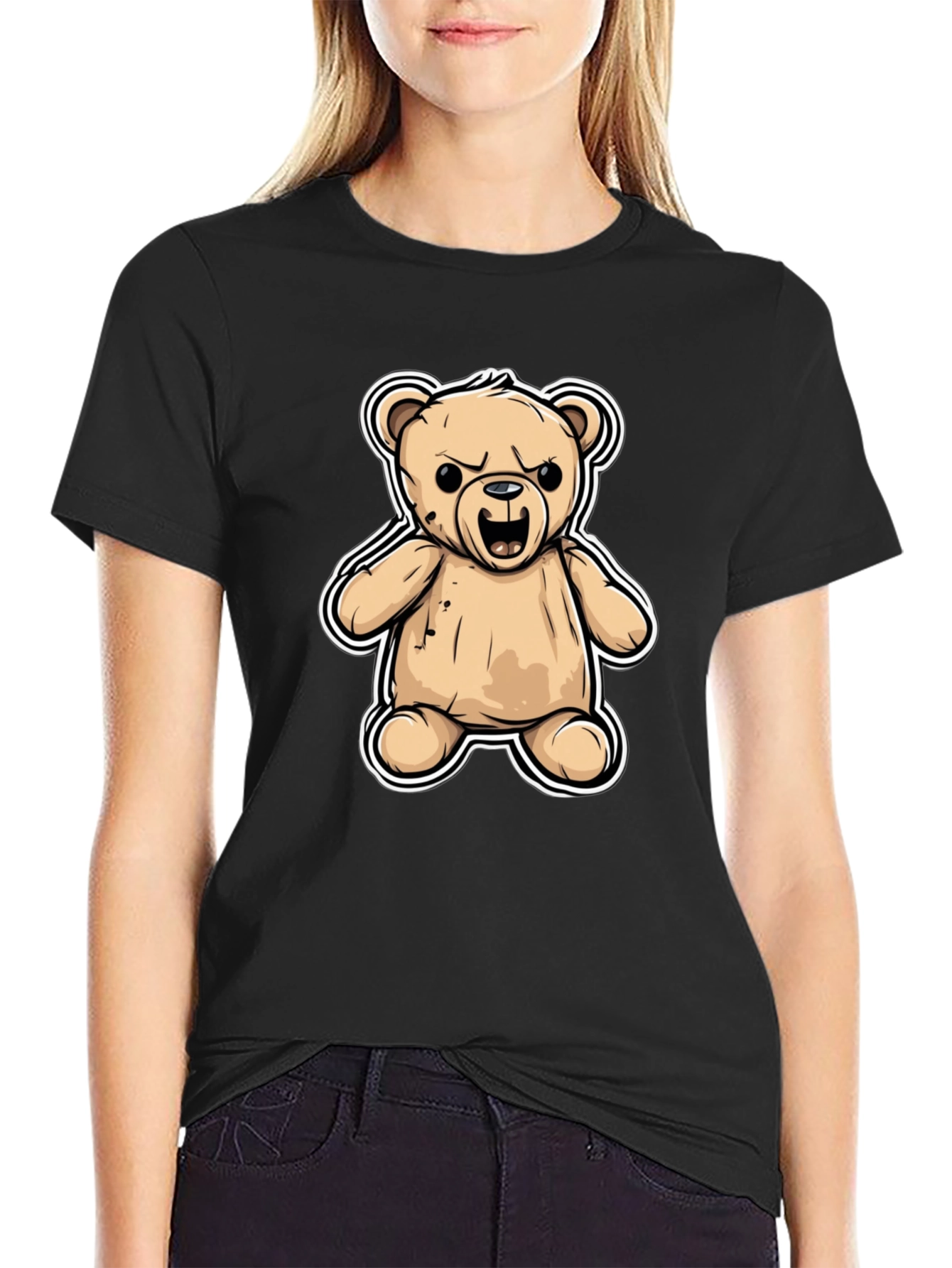 Black Men's Black T-Shirt with Cartoon Angry Teddy Bear Design view 2
