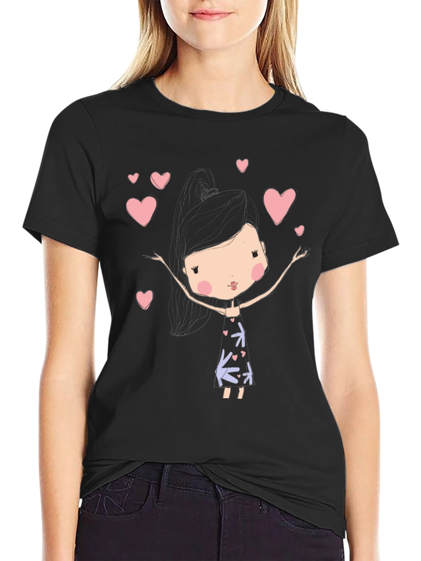 Black Cute Girl Heart T-Shirt view 2