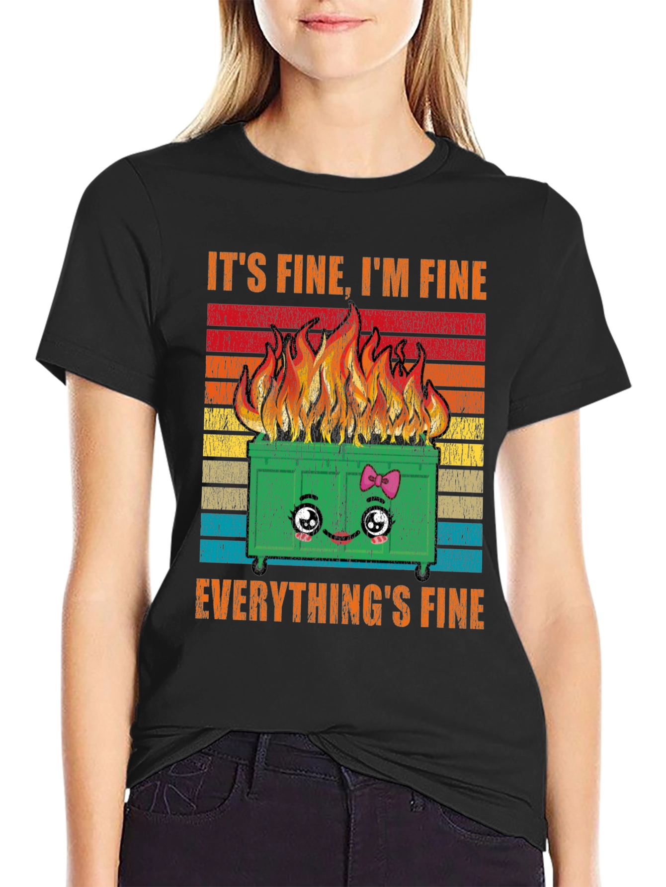 Black It's Fine Everything's Fine Dumpster Fire Graphic Tee view 2