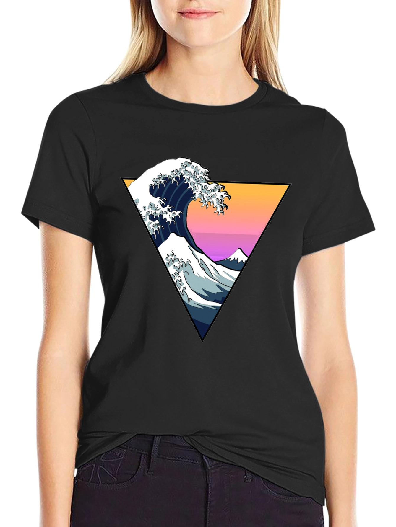 Black Great Wave Geometric Triangle T-Shirt view 2