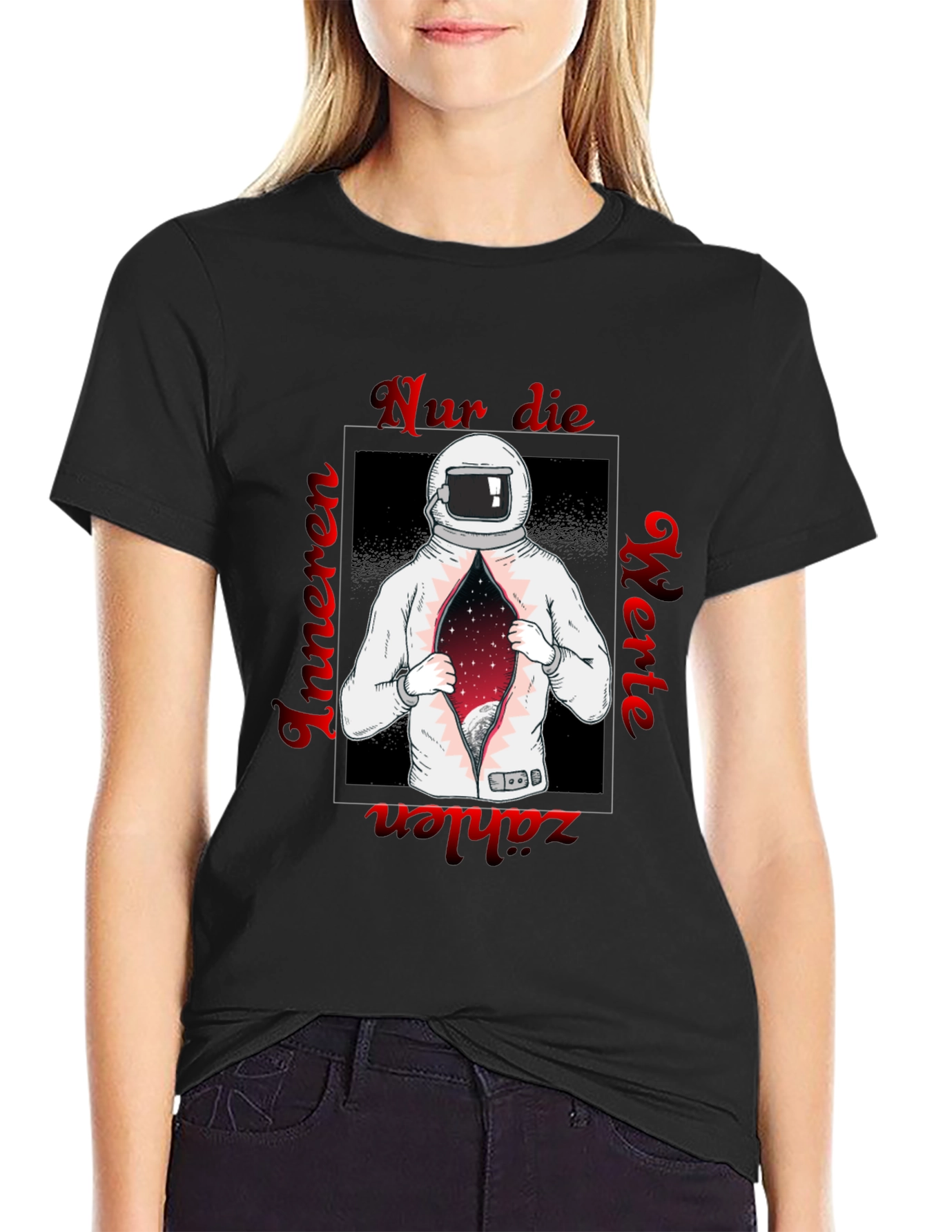 Black Astronaut Space T-Shirt - German Text Print view 2