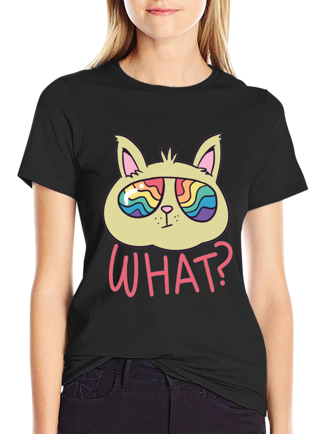 Black Funny Cat T-Shirt - What? Rainbow Sunglasses view 2