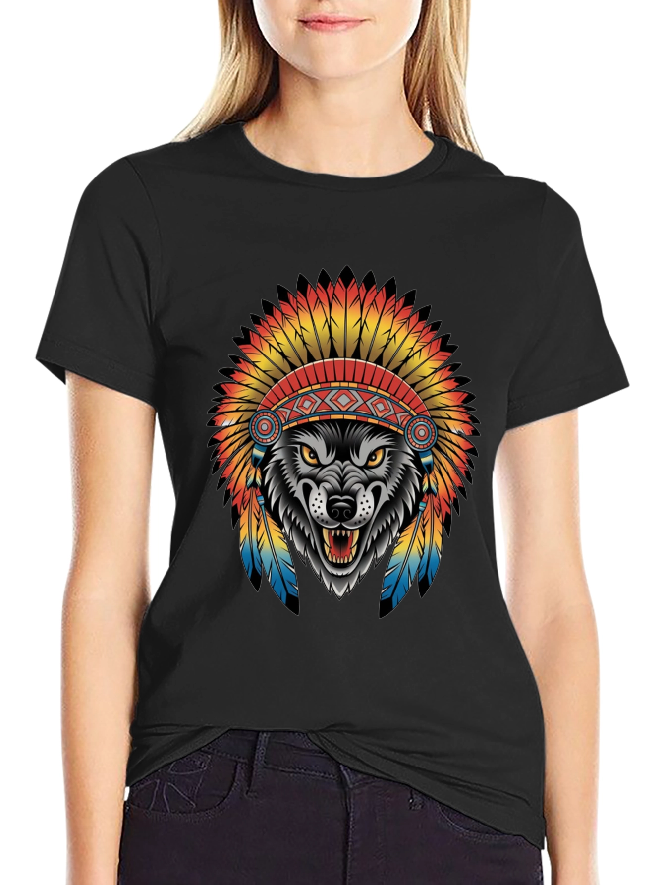 Black Wolf in Headdress Graphic Tee - Black view 2