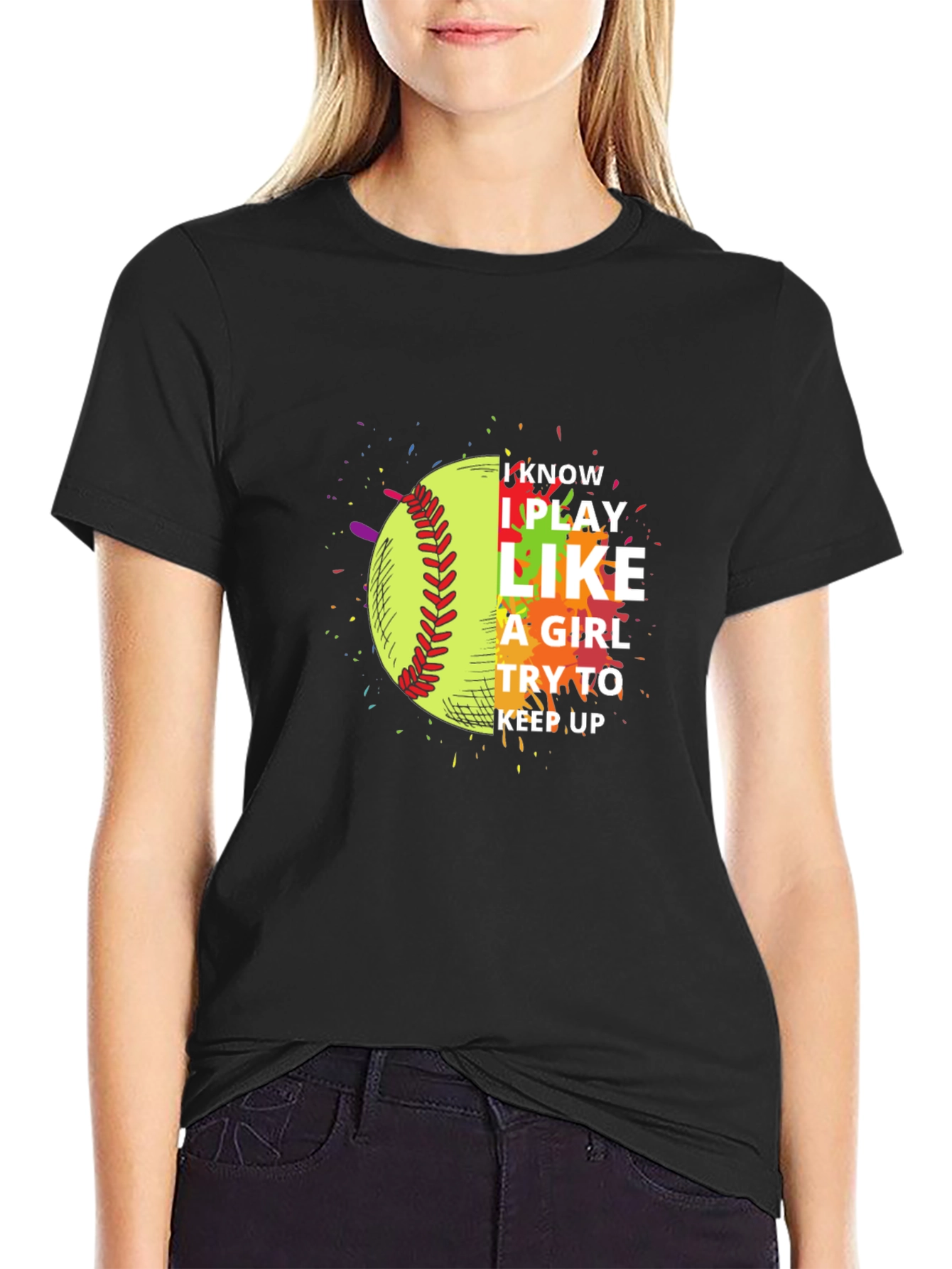 Black I Play Like a Girl Softball T-Shirt view 2