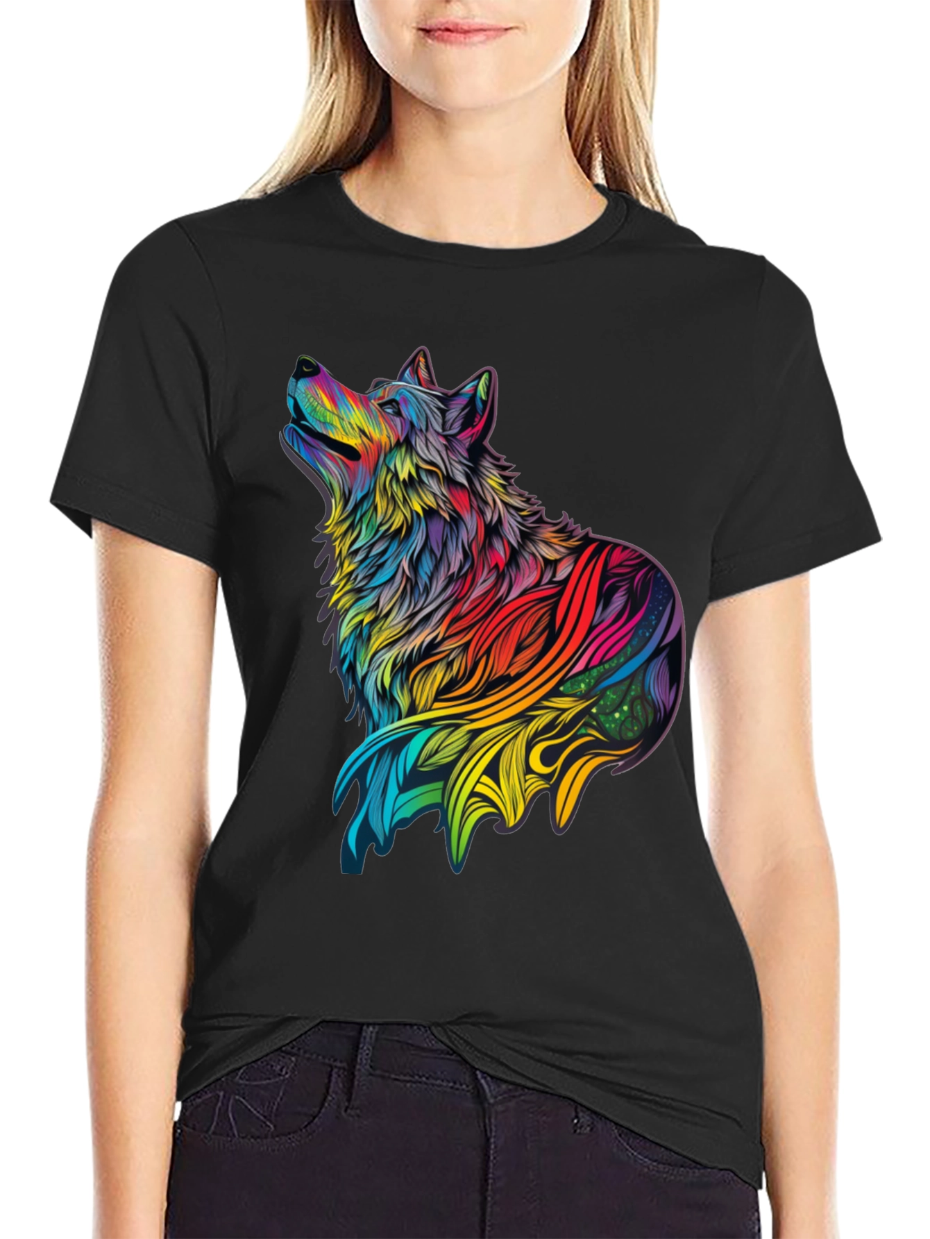 Black Rainbow Wolf Graphic Black T-Shirt view 2