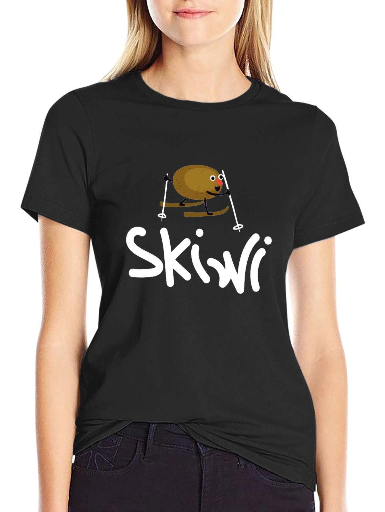 Black Skiwi Funny Kiwi Skiing T-Shirt view 2
